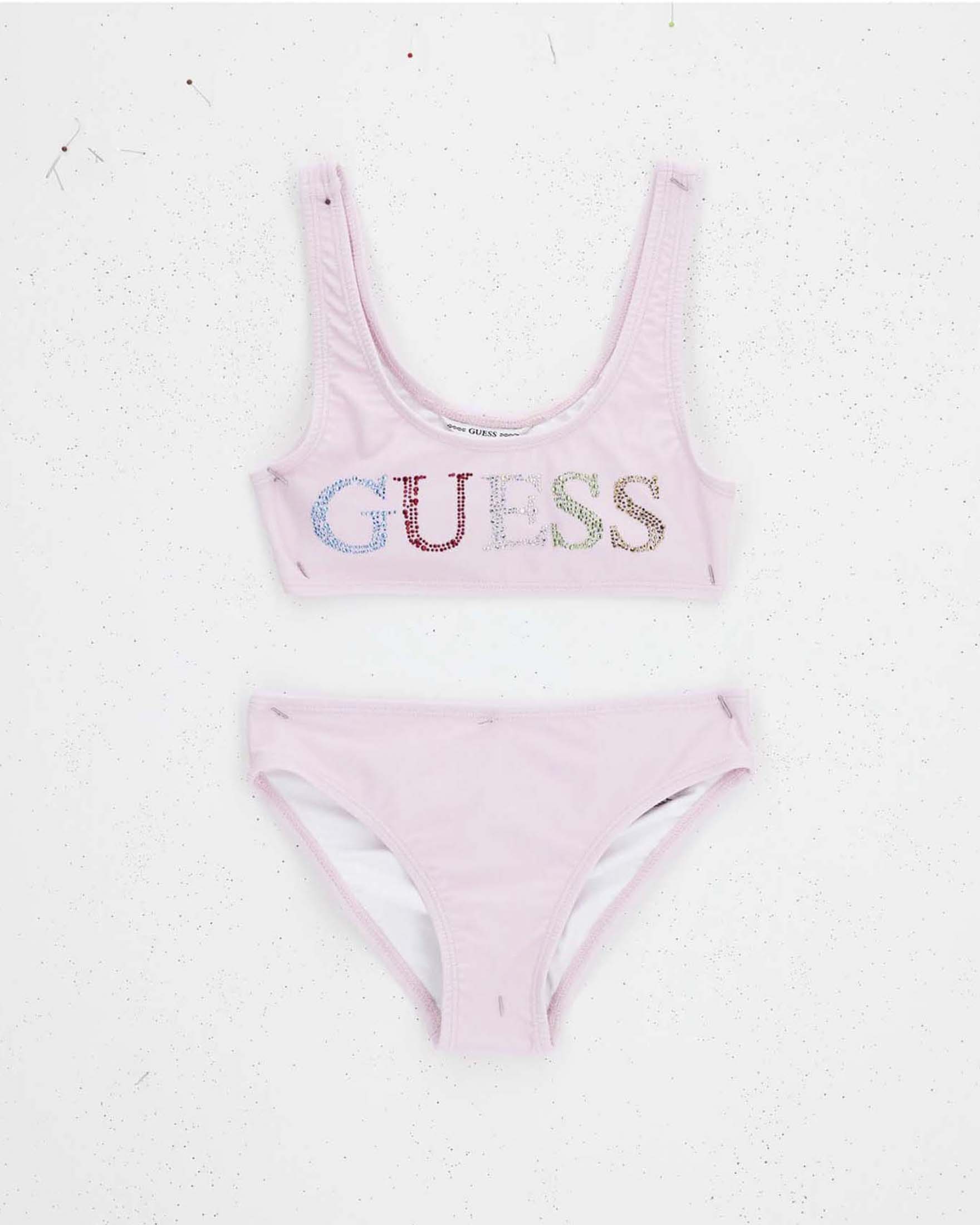Bikini Guess rosa in misto poliammide con logo in strass colorati