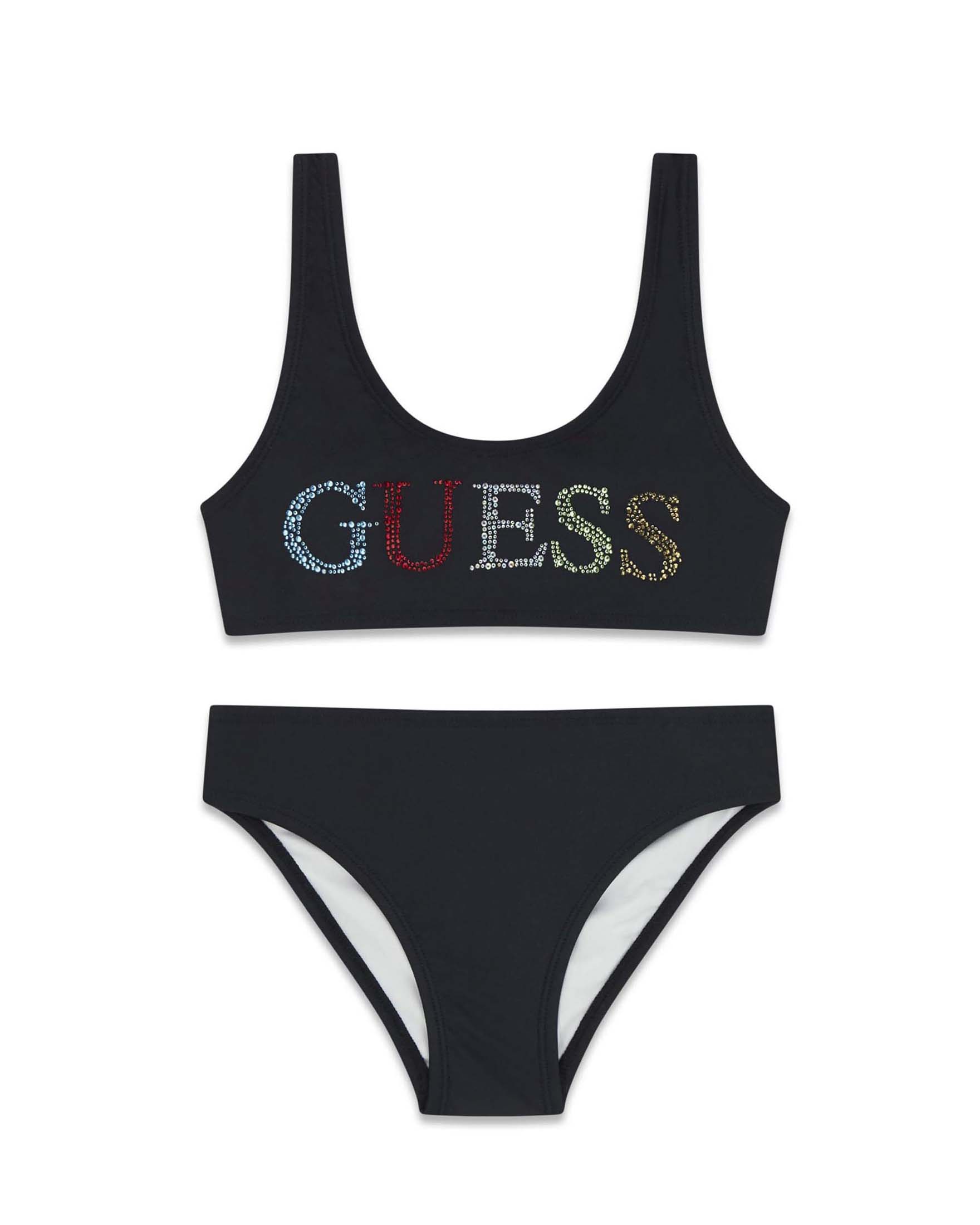 Bikini Guess nero in misto poliammide con logo in strass