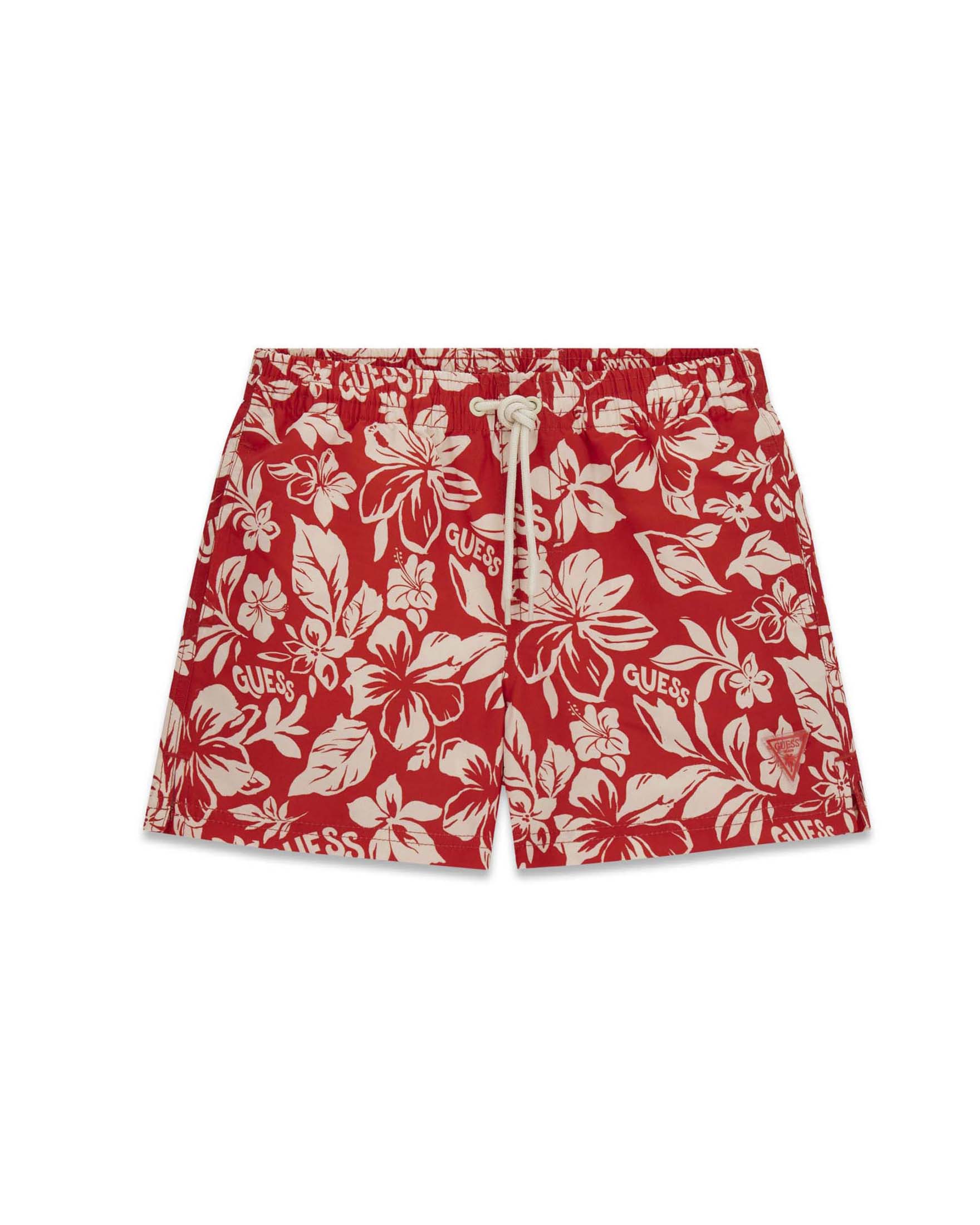 Boxer mare Guess rosso con stampa floreale bianca e logo