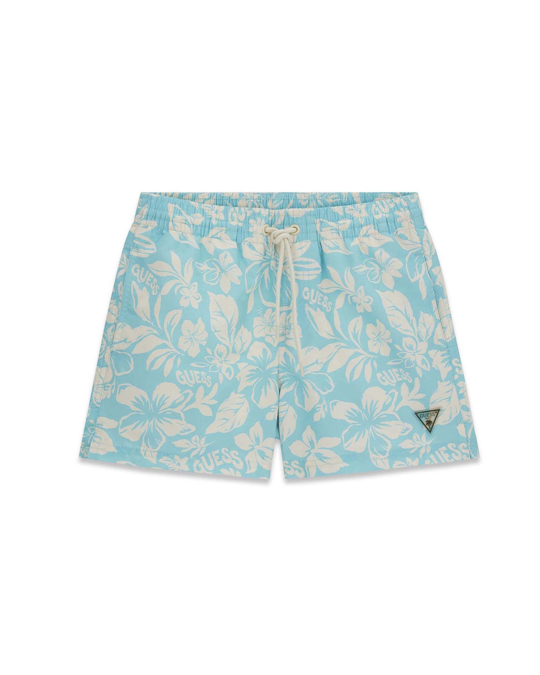 Boxer da mare Guess turchese con stampa a fiori di ibisco e patch logo