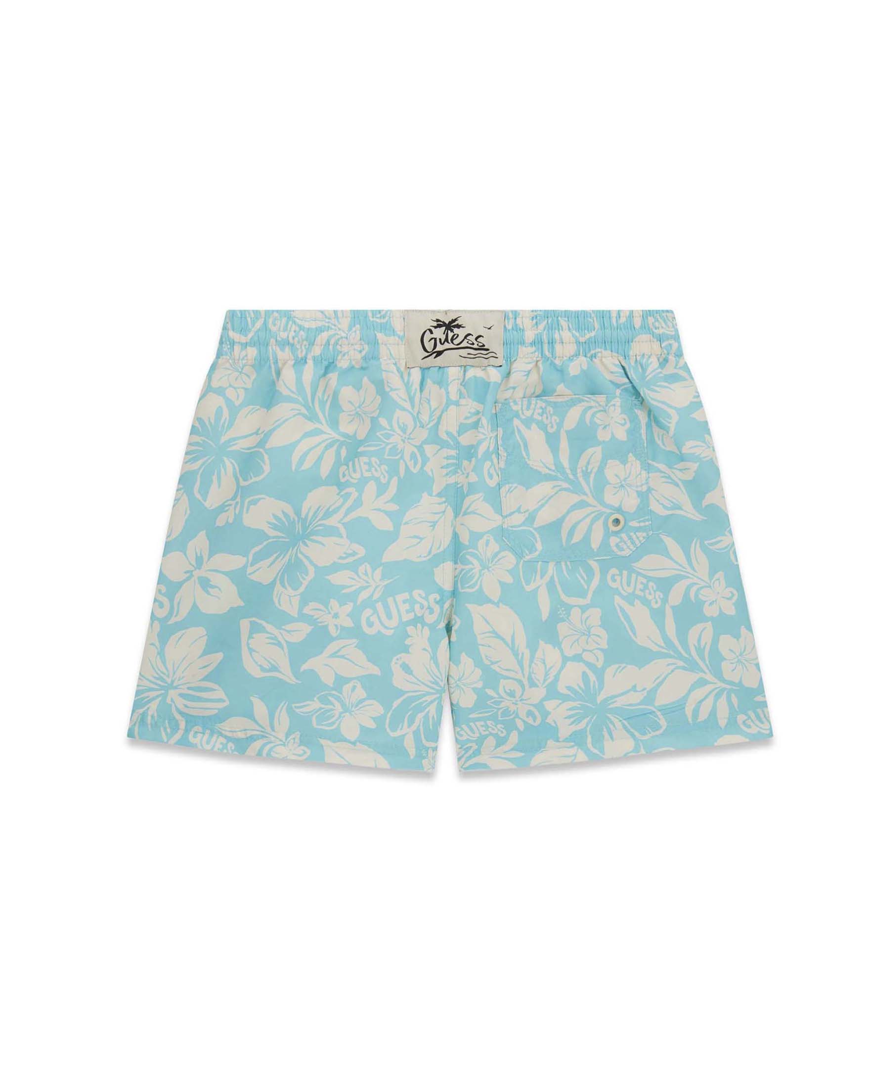 Boxer da mare Guess turchese con stampa a fiori di ibisco e patch logo image