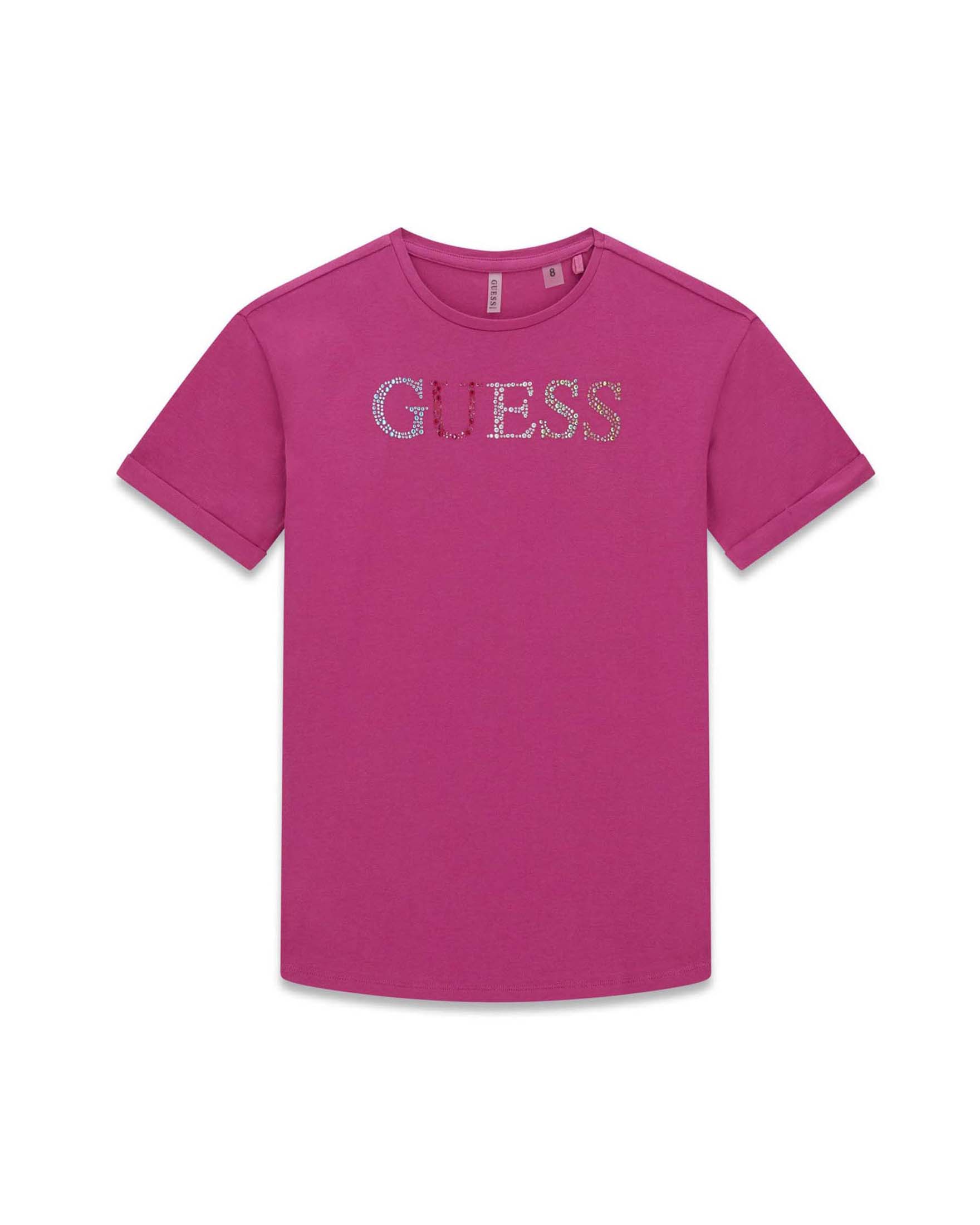 T-shirt a maniche corte Guess fucsia in misto cotone con logo in strass