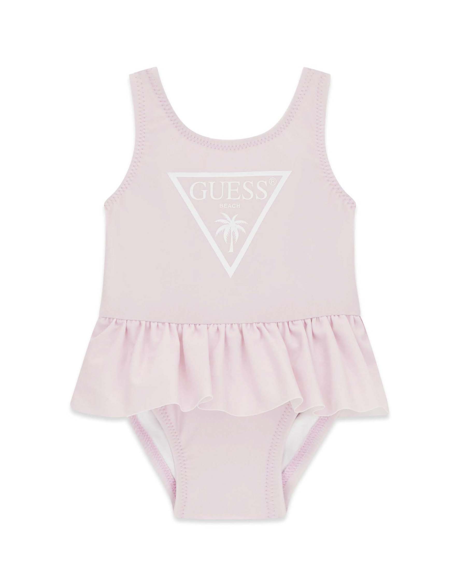 Costume intero Guess rosa in misto poliammide con stampa logo e volant