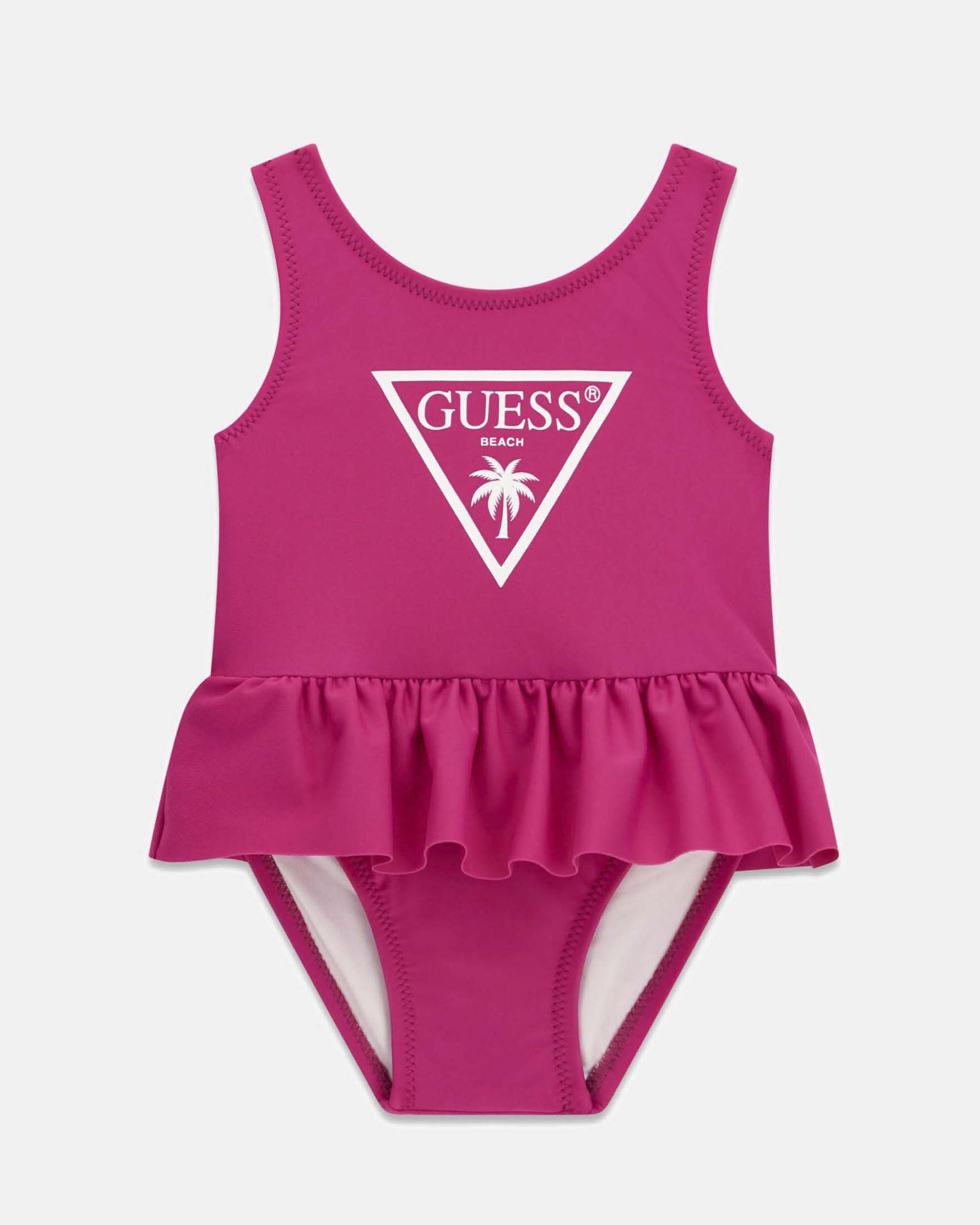 Costume intero Guess fucsia in misto poliammide con stampa logo e volant