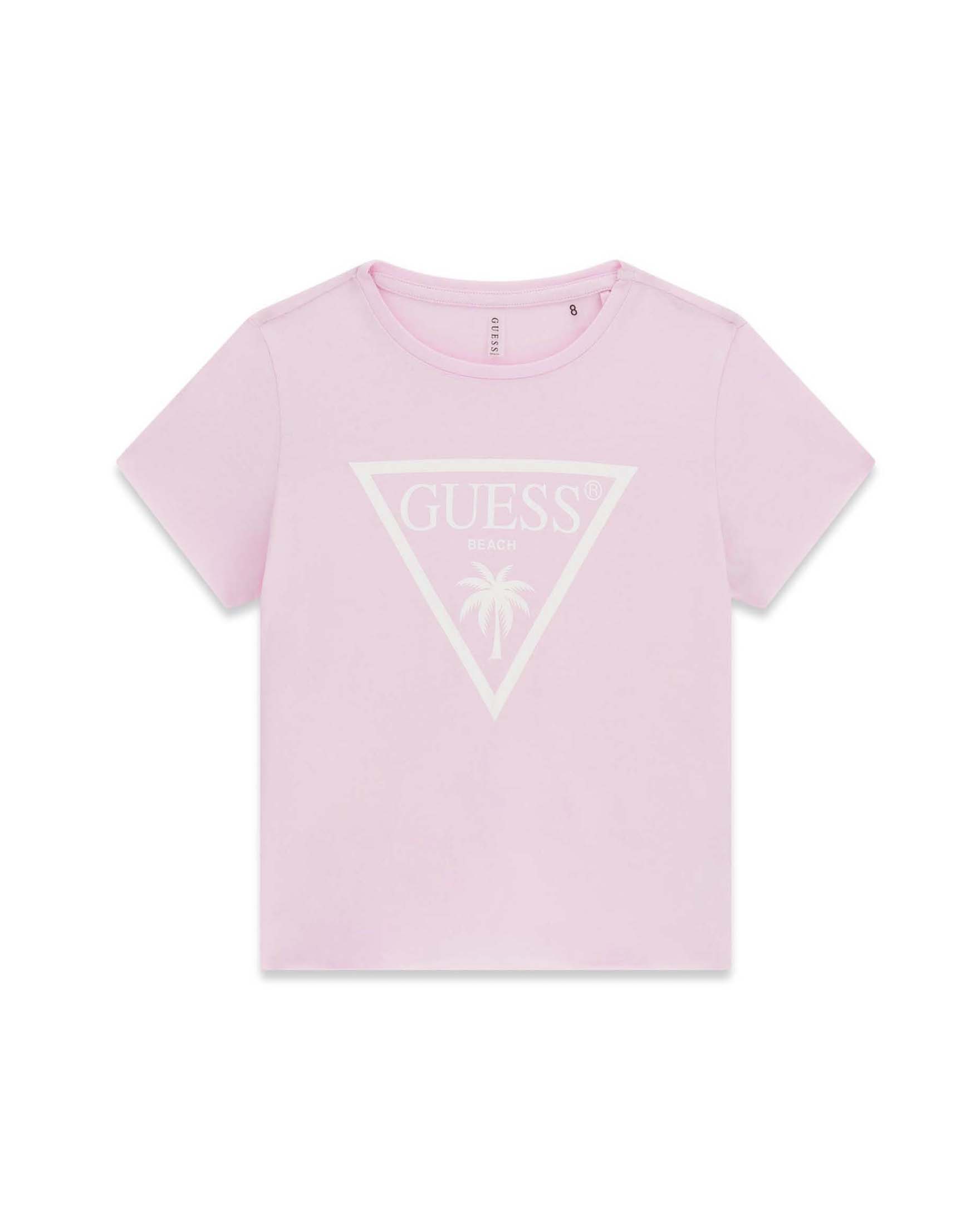 T-shirt mezza manica Guess Kids rosa in cotone con stampa logo