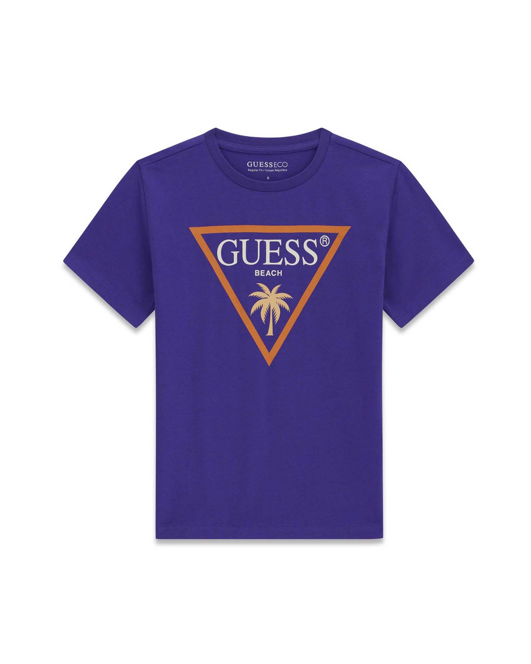 T-shirt mezza manica Guess viola in misto cotone con stampa logo