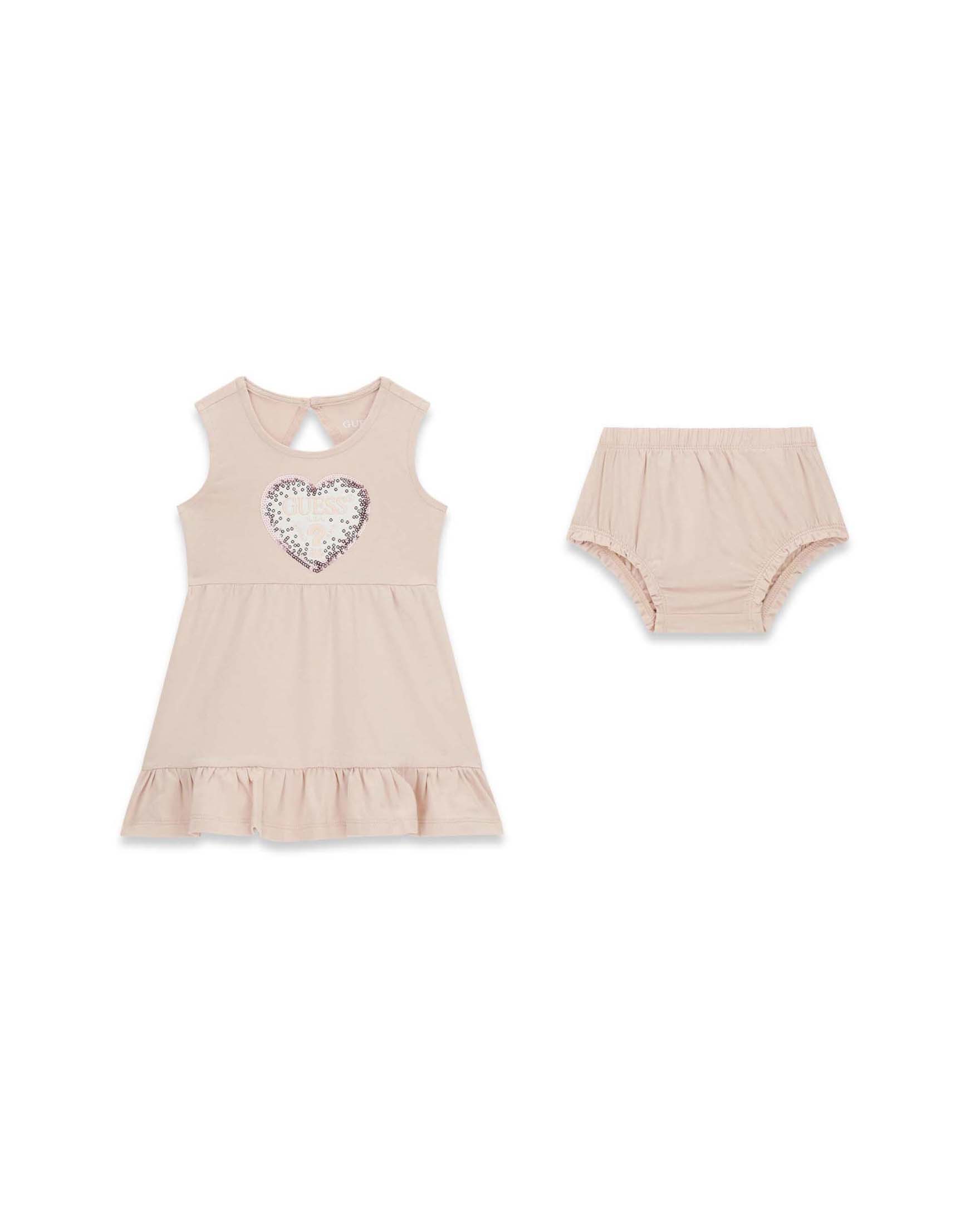 Abito smanicato Guess rosa in misto cotone con logo a cuore in paillettes