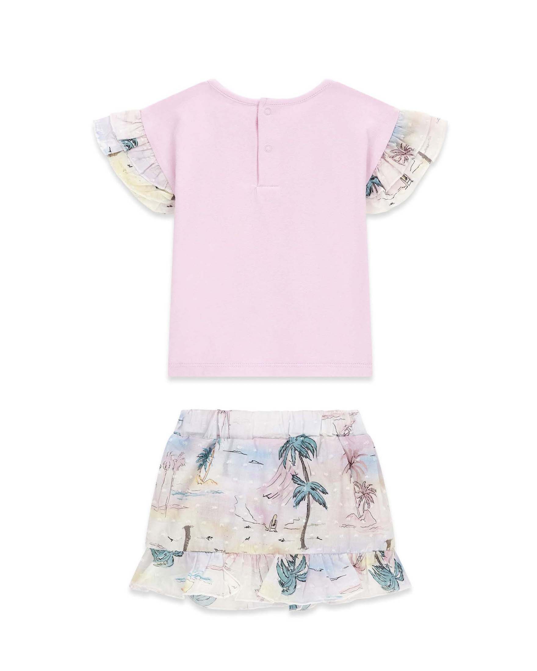Completo T-shirt e gonna Guess rosa in misto cotone con stampa a palme image