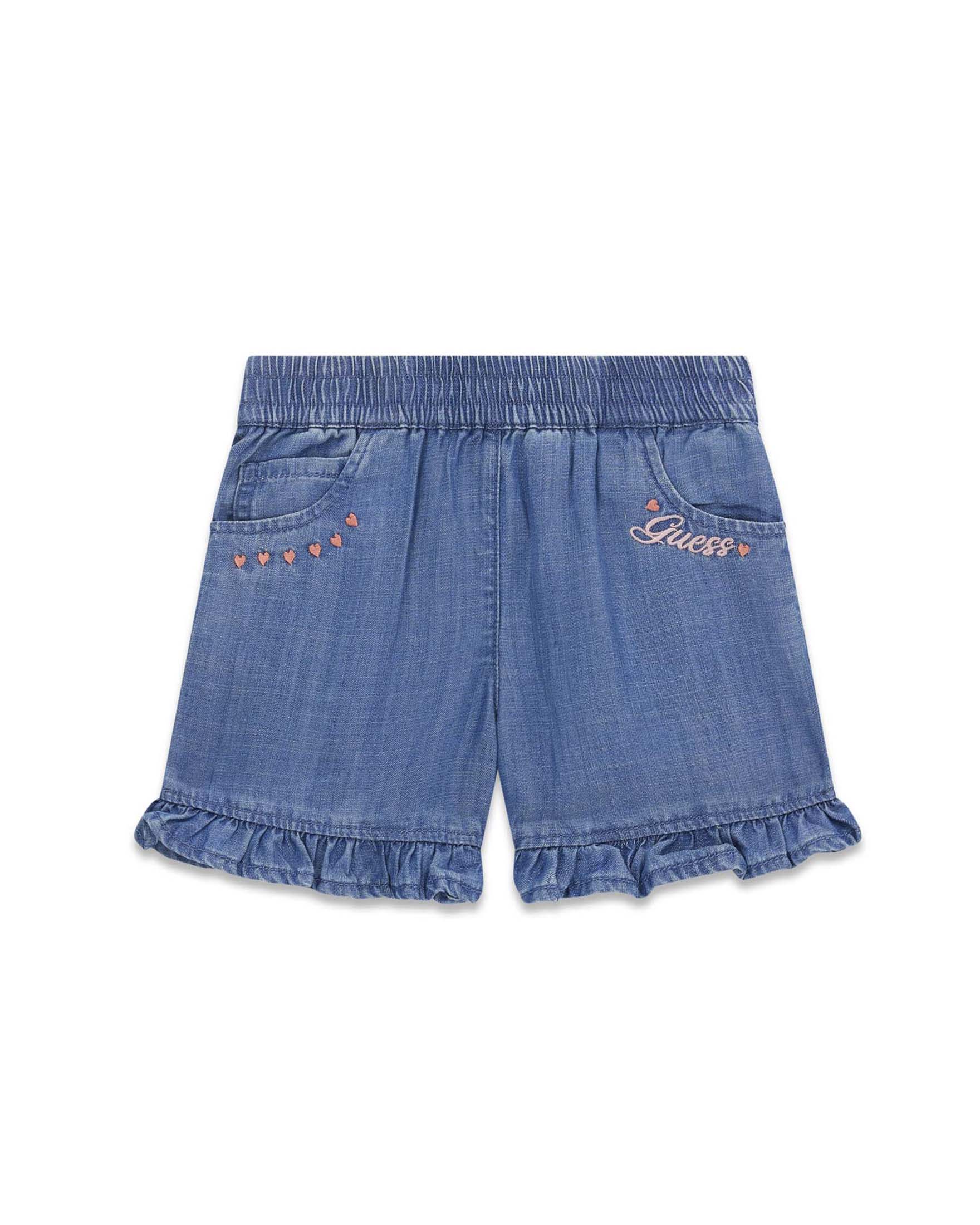 Shorts Guess lavaggio chiaro in lyocell con logo ricamato e balze