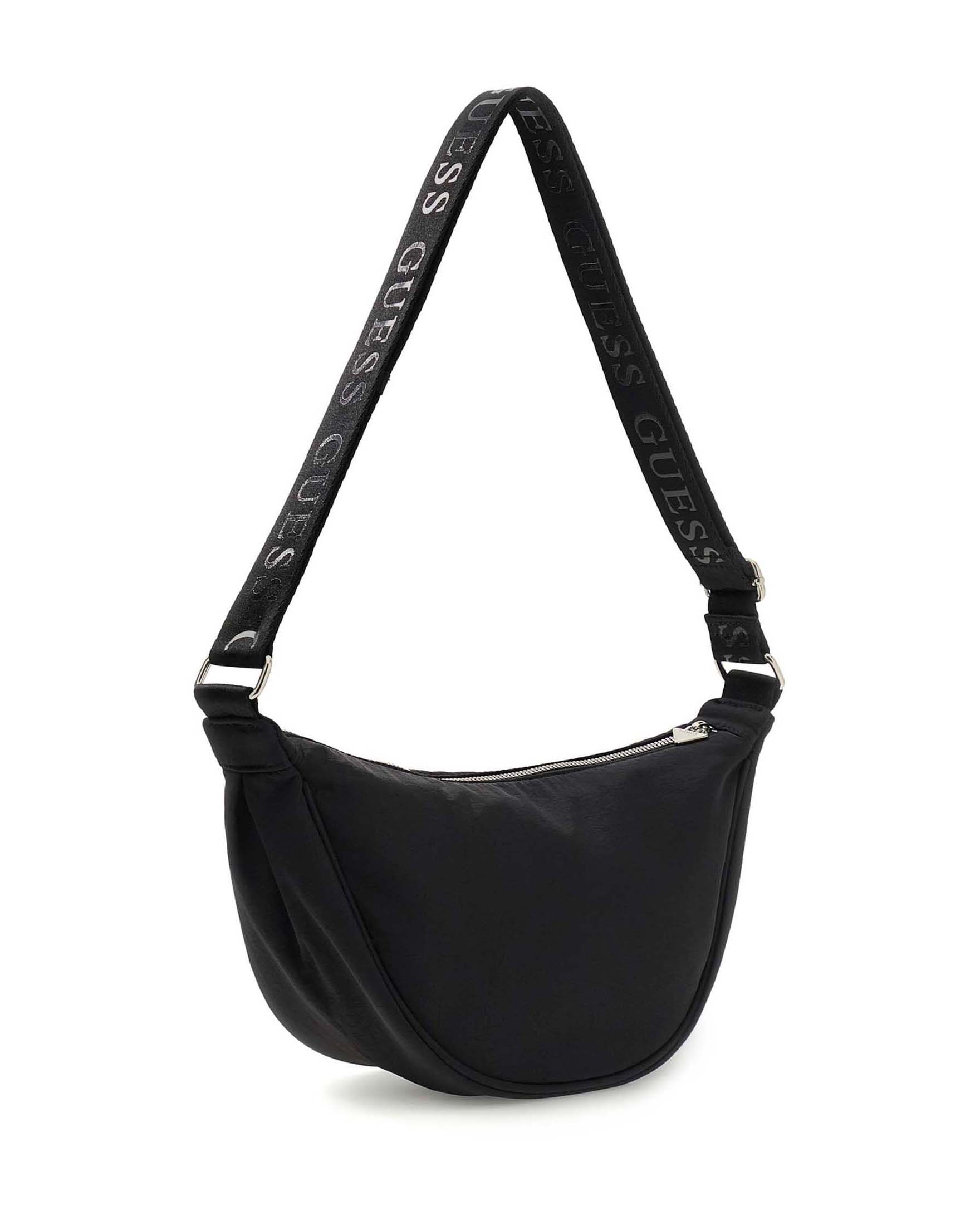 Borsa a spalla Guess nera a mezzaluna con tracolla logata e logo a triangolo image