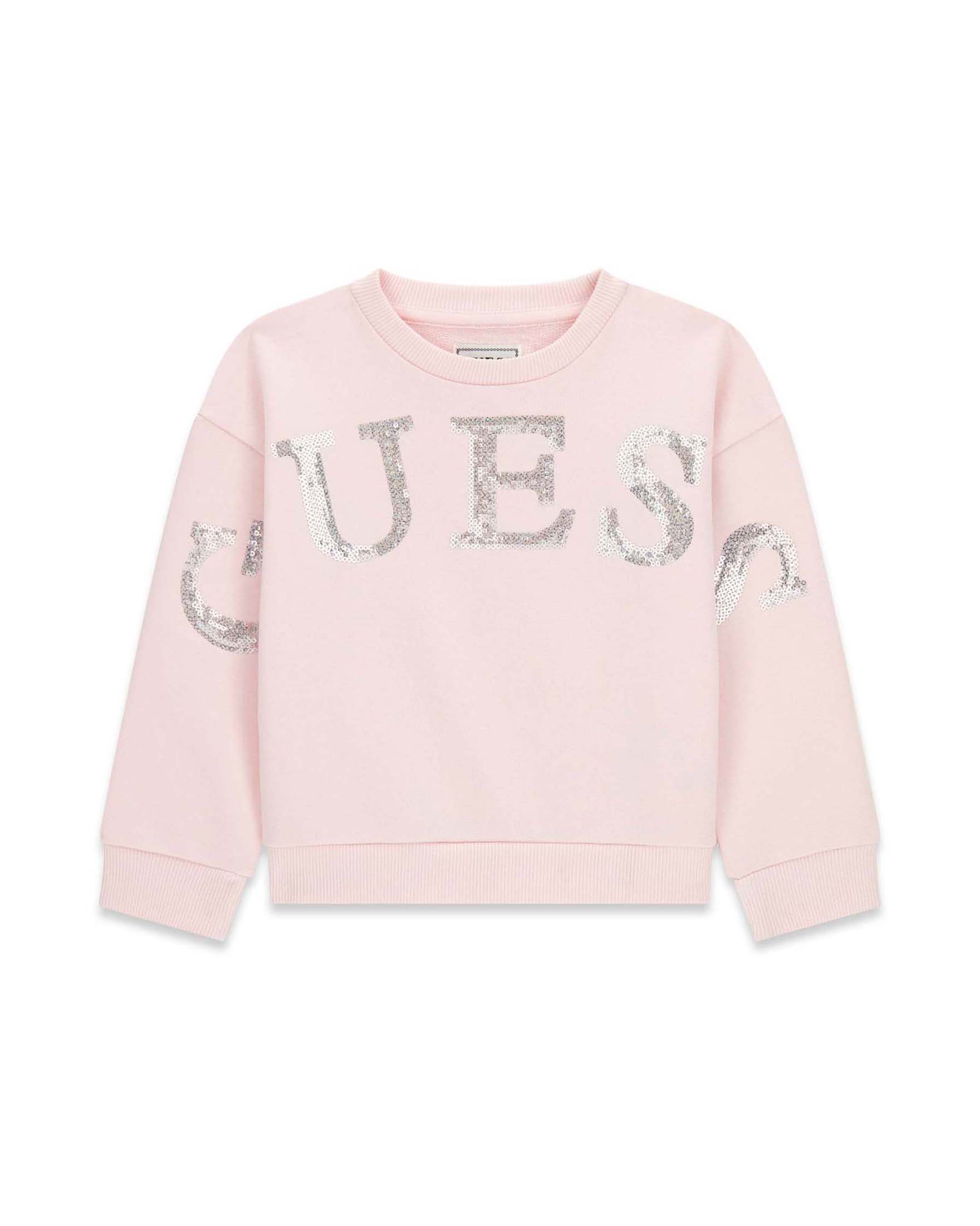 Felpa girocollo Guess rosa in cotone con maxi logo in paillettes