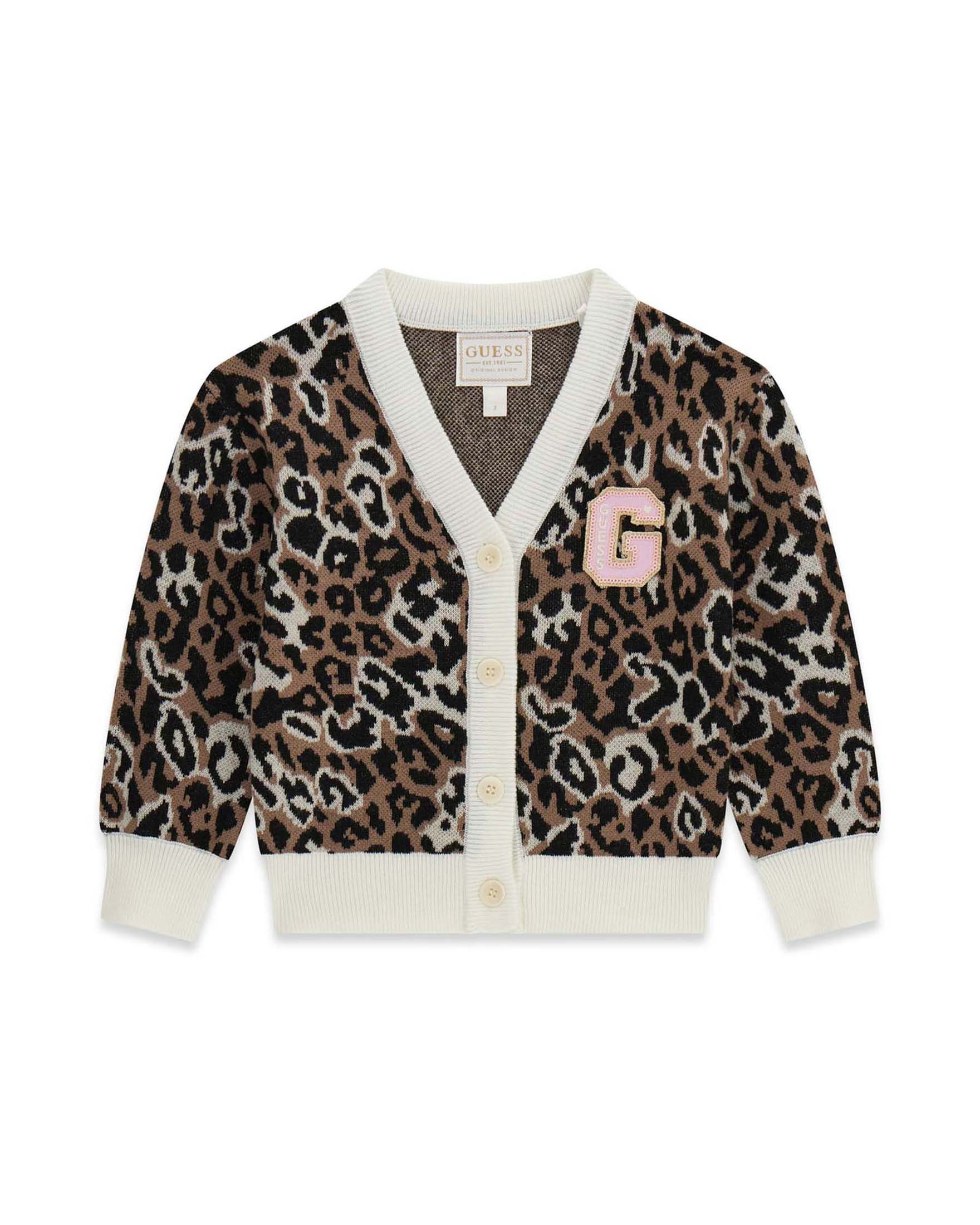 Cardigan Guess maculato in misto lana con bottoni e logo ricamato