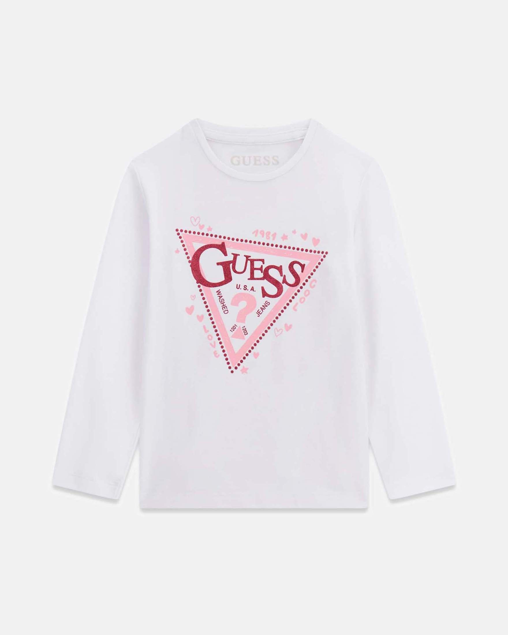 T-shirt manica lunga Guess bianca in misto cotone con stampa logo triangolo