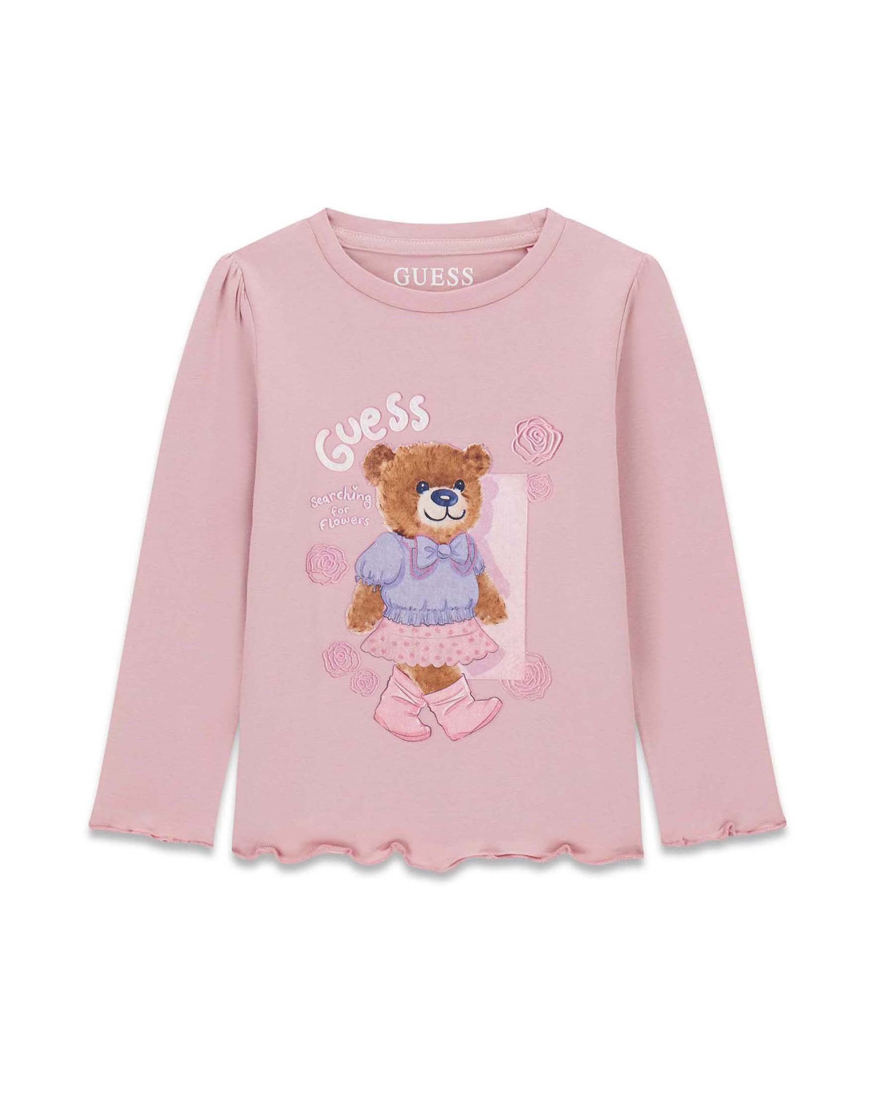 T-shirt a maniche lunghe Guess rosa in misto cotone con stampa orsetto