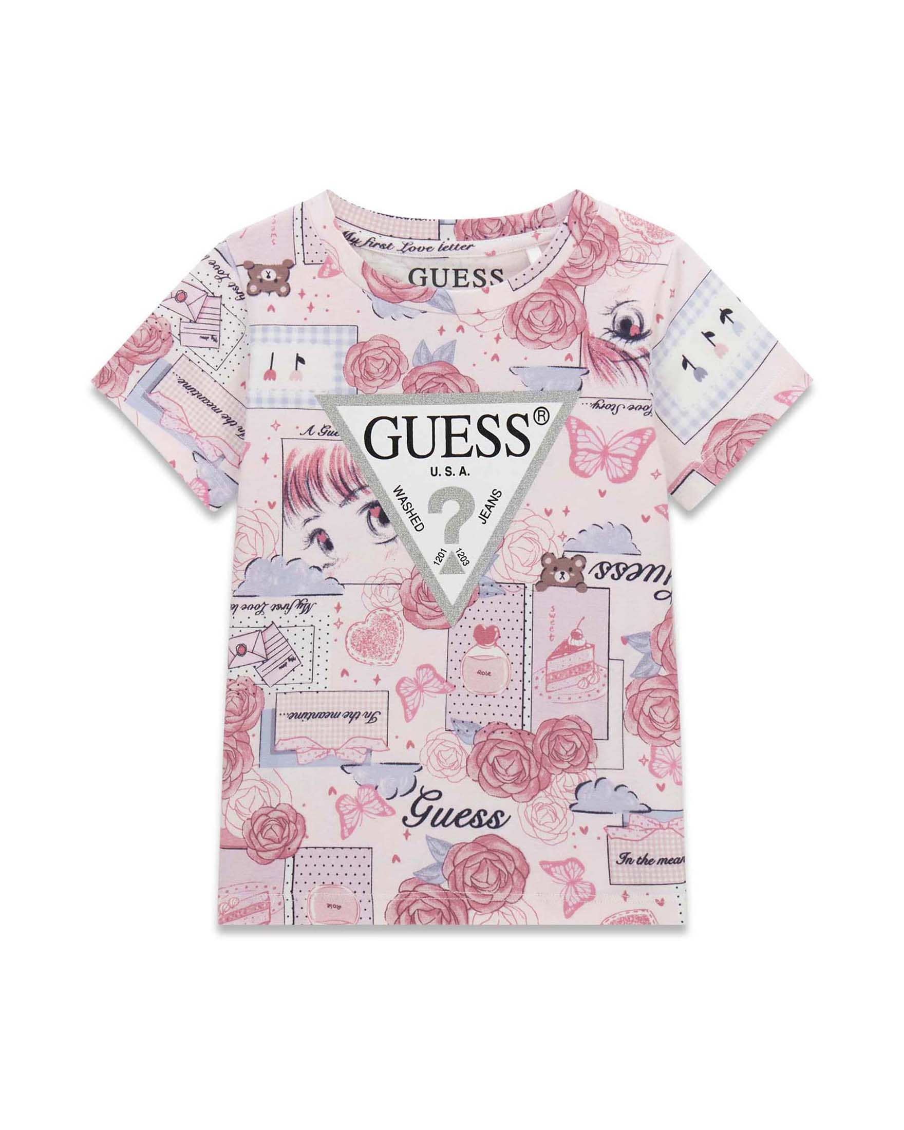 T-shirt mezza manica Guess rosa in misto cotone con stampa fantasia e logo