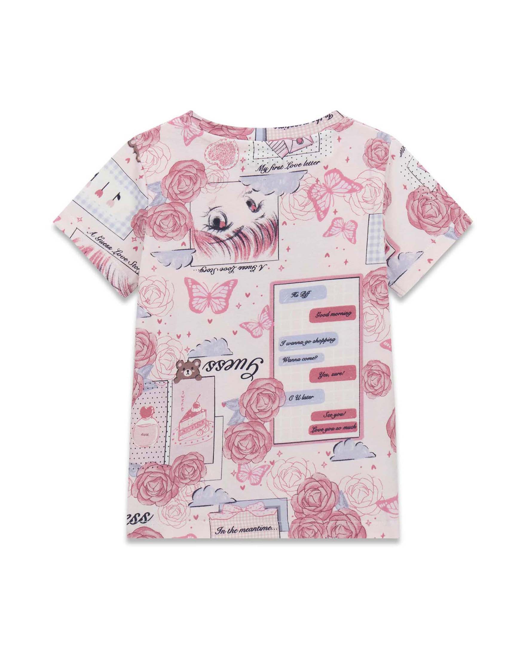 T-shirt mezza manica Guess rosa in misto cotone con stampa fantasia e logo image