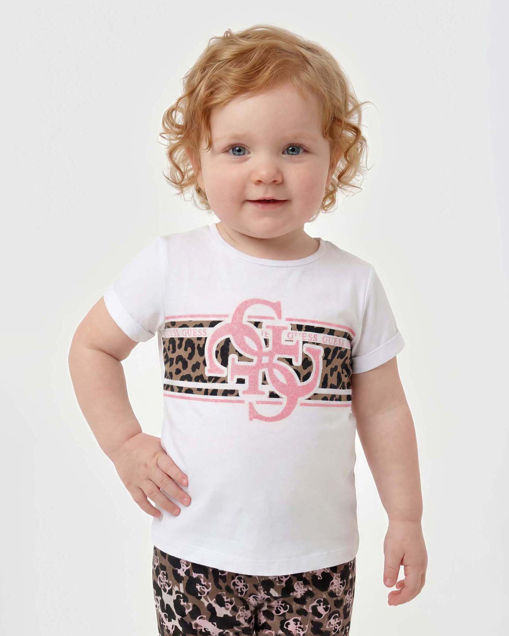 T-shirt mezza manica Guess bianca in misto cotone con logo e stampa leopardata