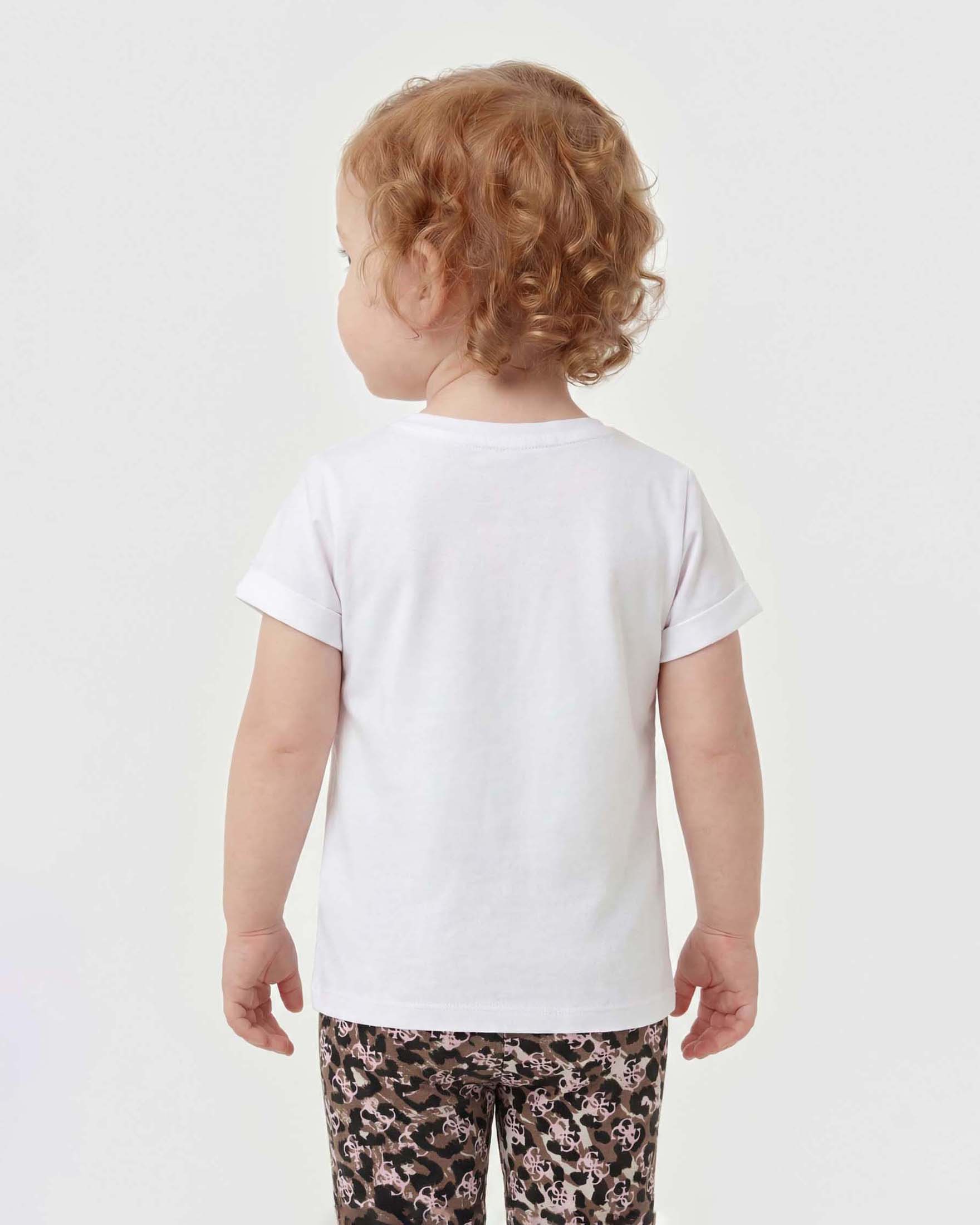 T-shirt mezza manica Guess bianca in misto cotone con logo e stampa leopardata image
