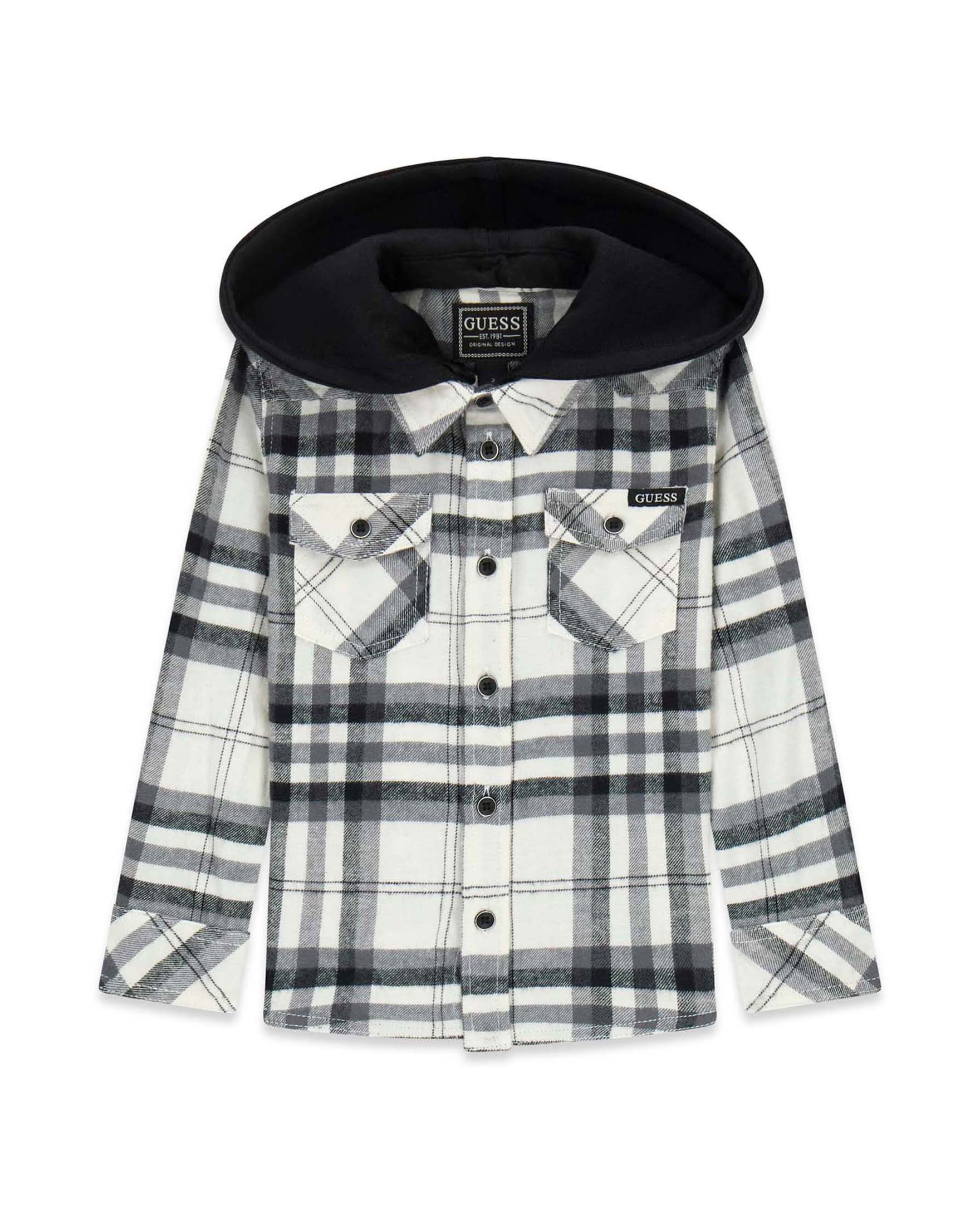 Camicia a maniche lunghe Guess panna a quadri in cotone con cappuccio nero
