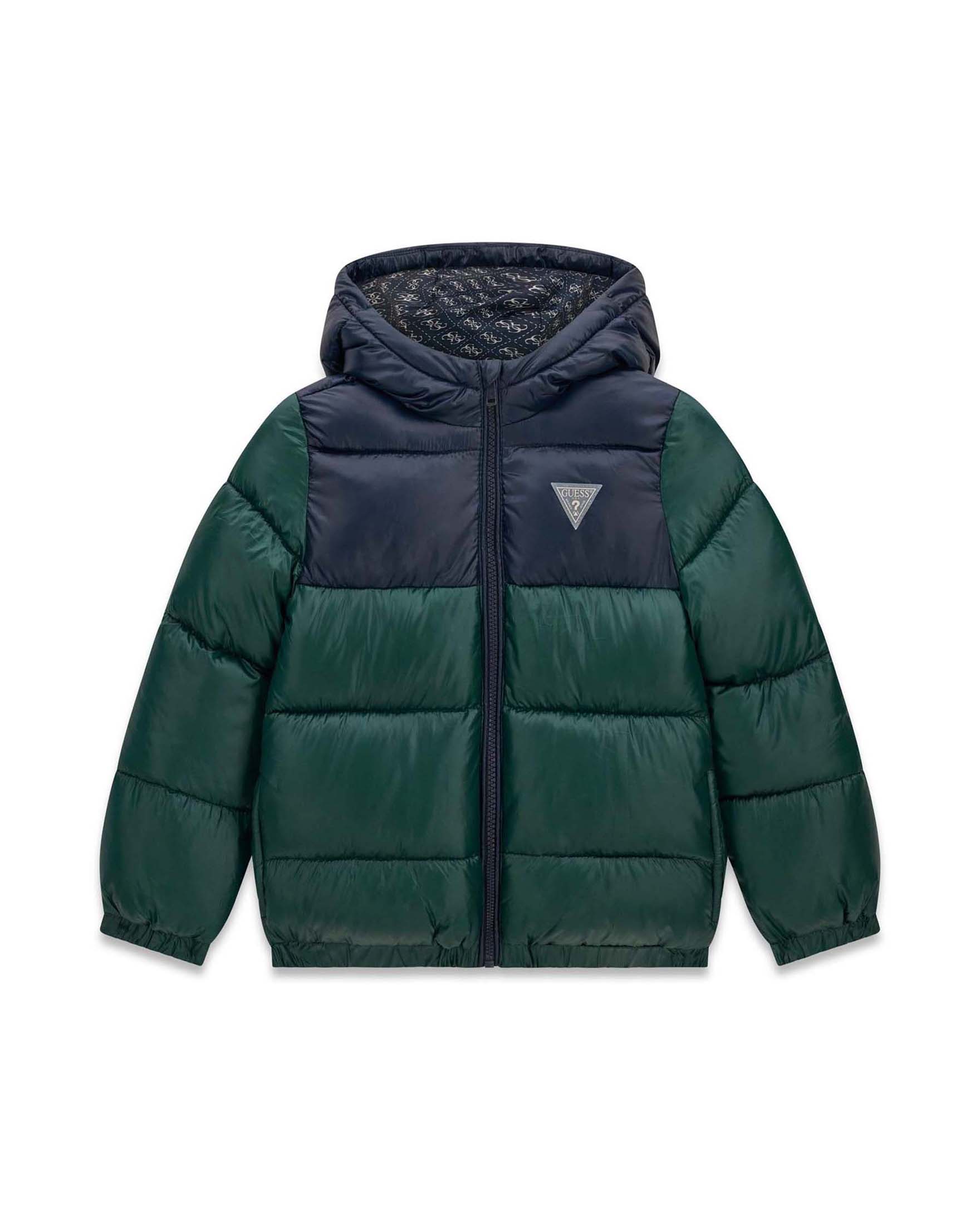 Giubbotto Guess bicolore verde e blu con cappuccio e patch logo