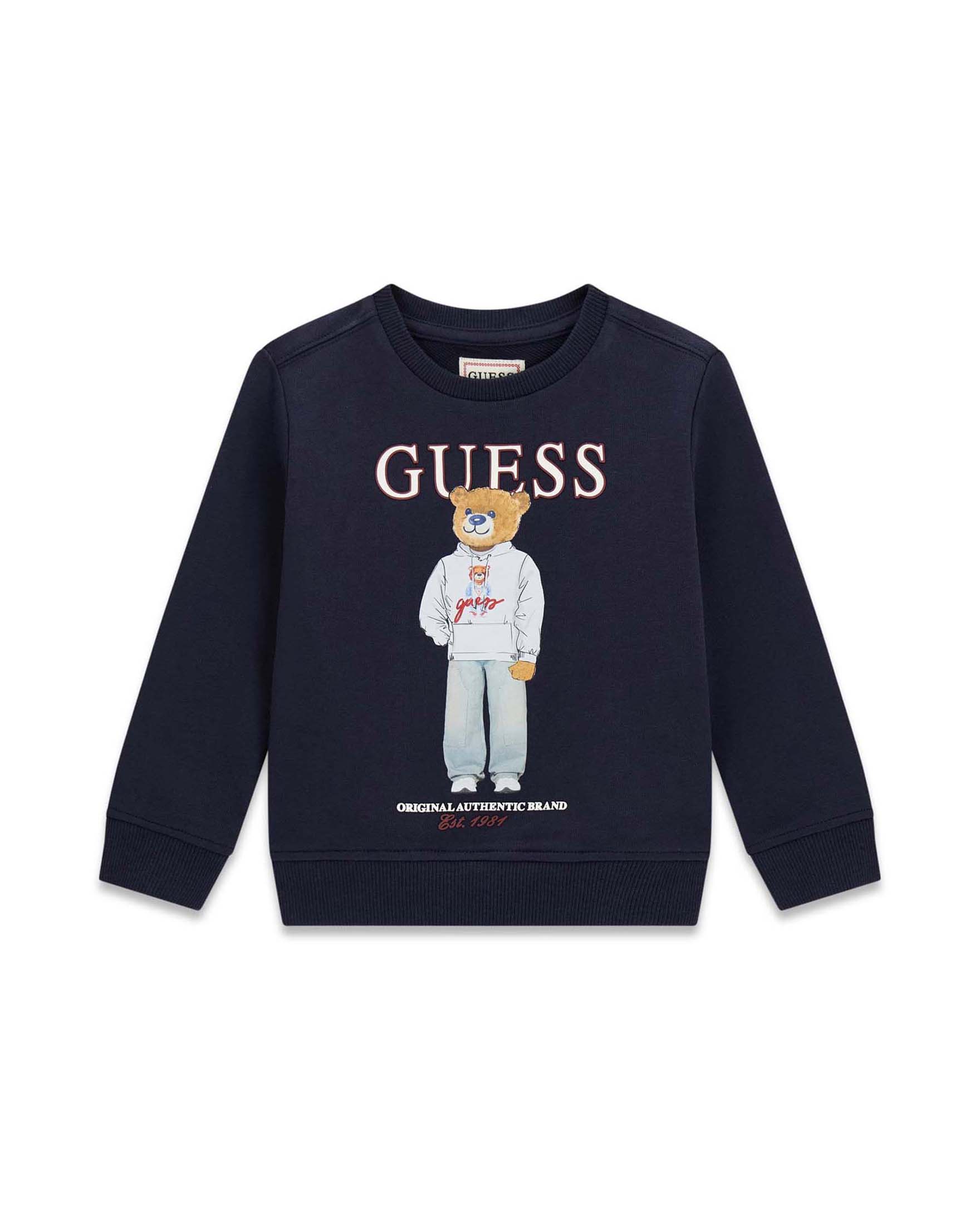 T-shirt a maniche lunghe Guess blu navy in cotone con stampa orsetto e logo