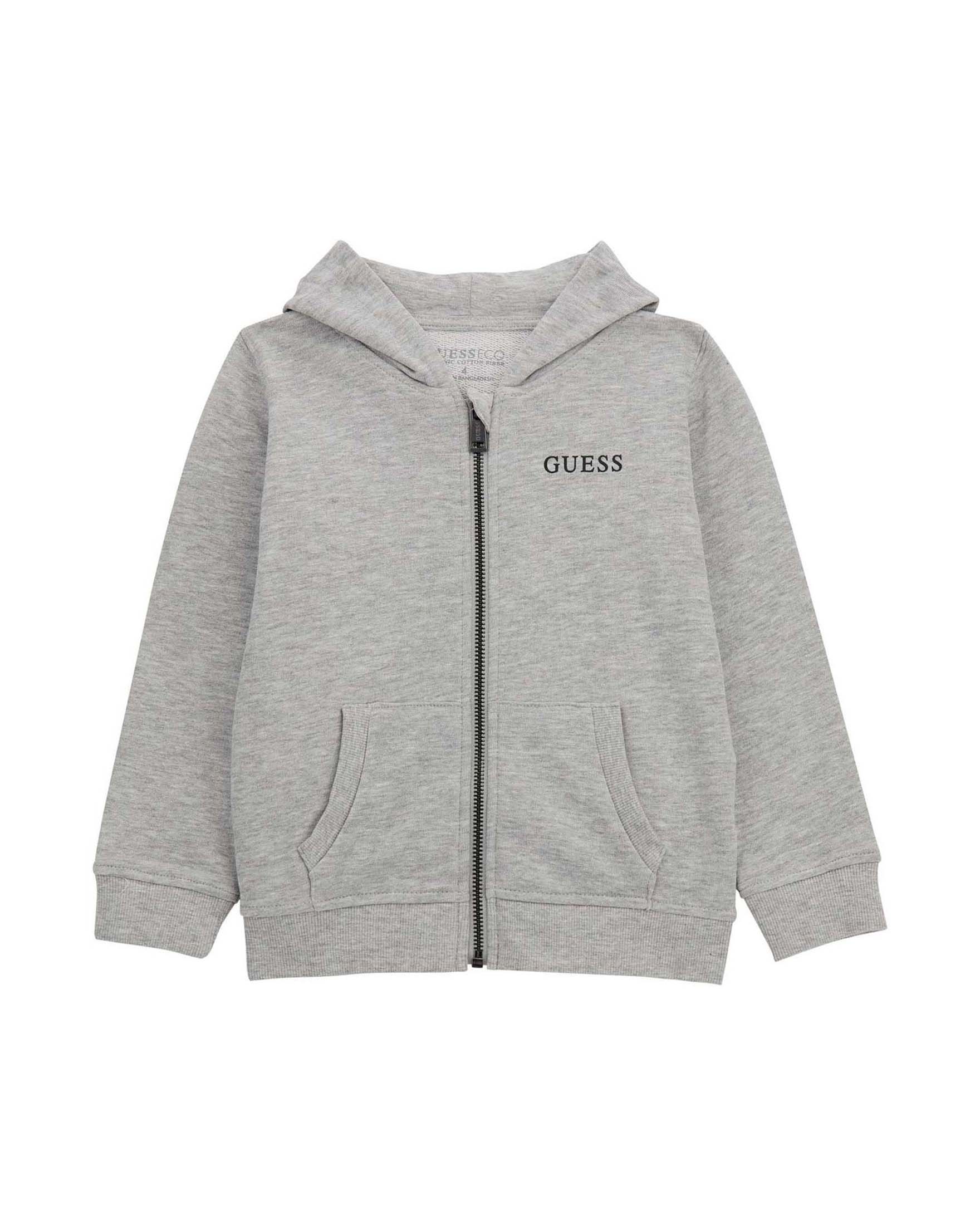 Felpa con cappuccio e zip Guess grigia in cotone con logo stampato sul retro