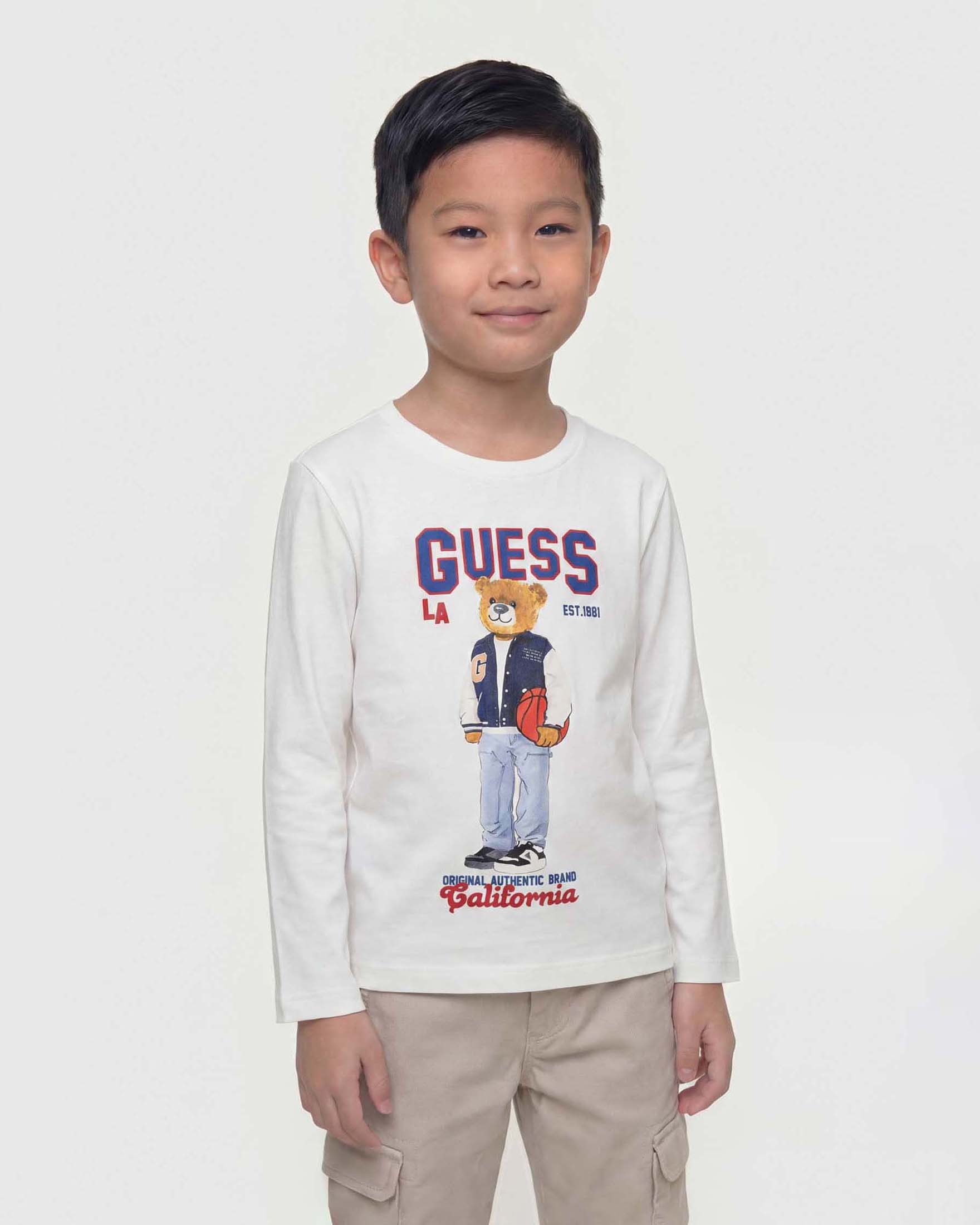 T-shirt manica lunga Guess bianca in cotone con stampa orsetto e logo