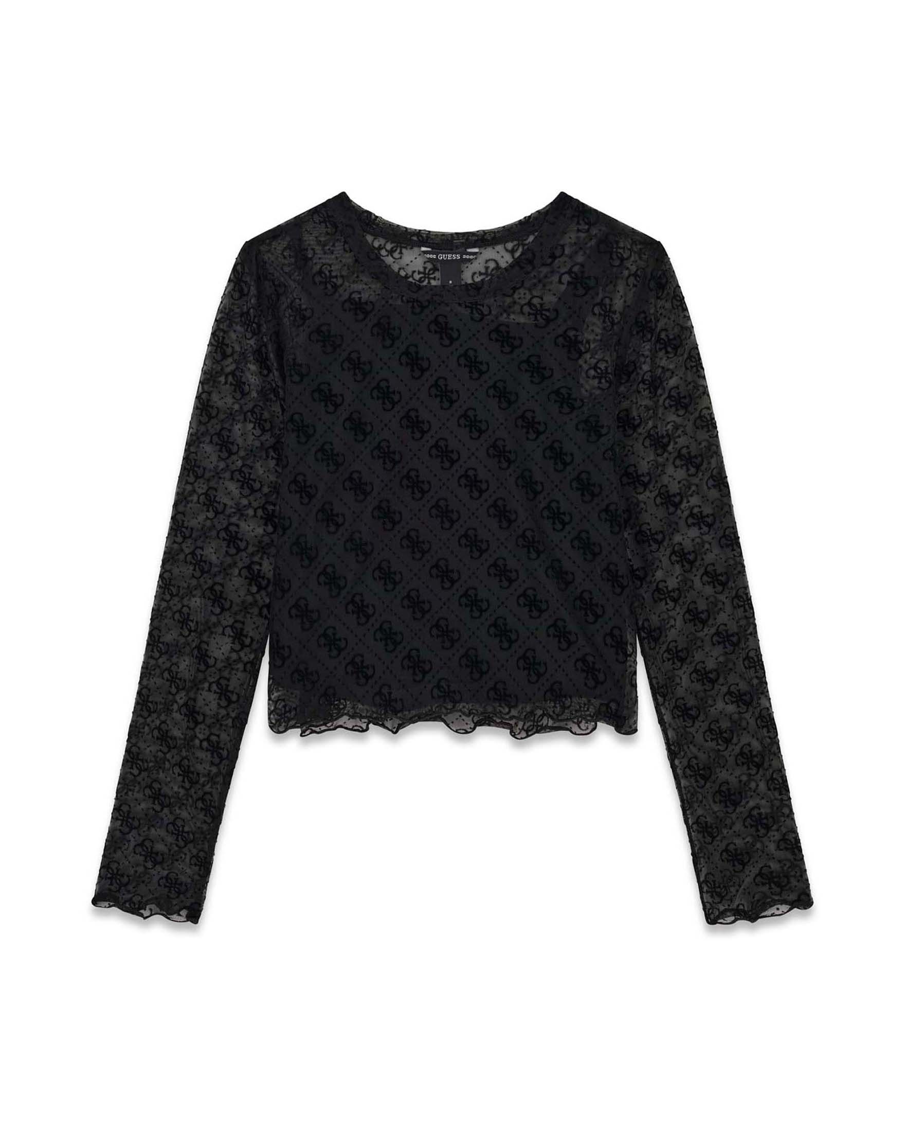 Maglia a maniche lunghe Guess nera in tulle con motivo logo intrecciato
