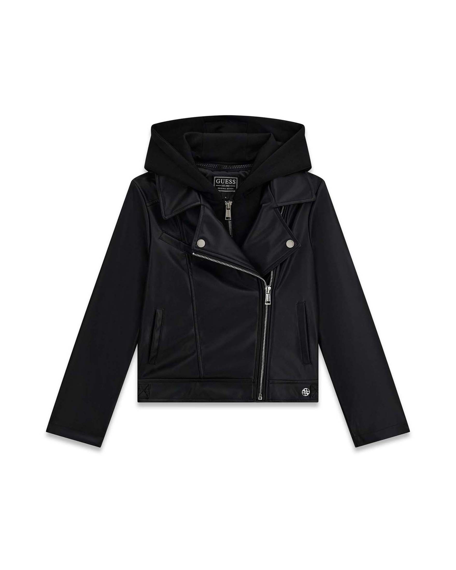 Giacca biker Guess nera in similpelle con cappuccio removibile