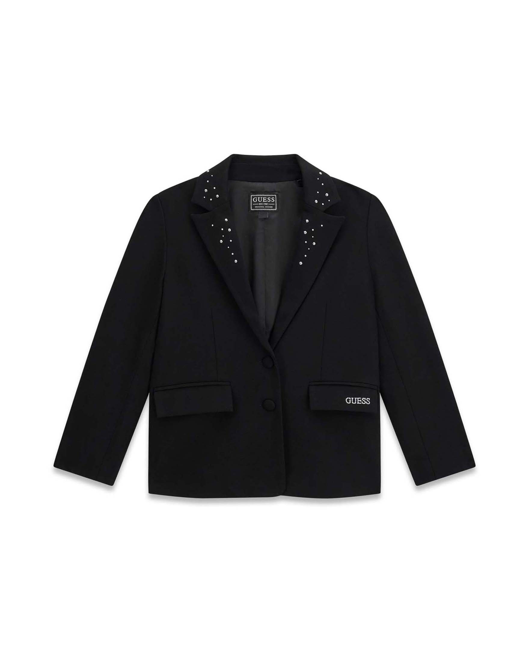 Giacca Guess nera in misto viscosa con borchie e logo ricamato