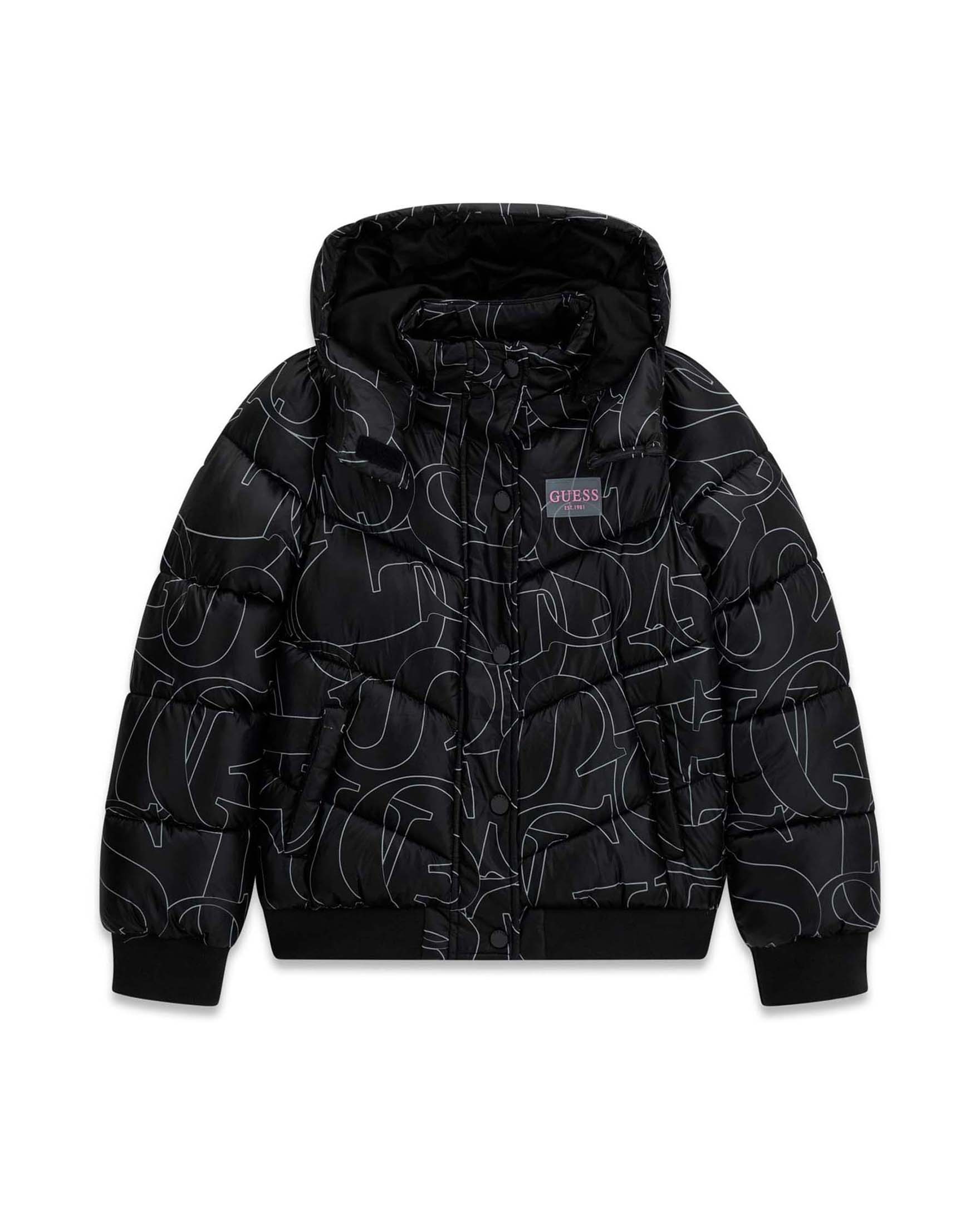 Giaccone imbottito Guess nero con cappuccio e stampa lettering