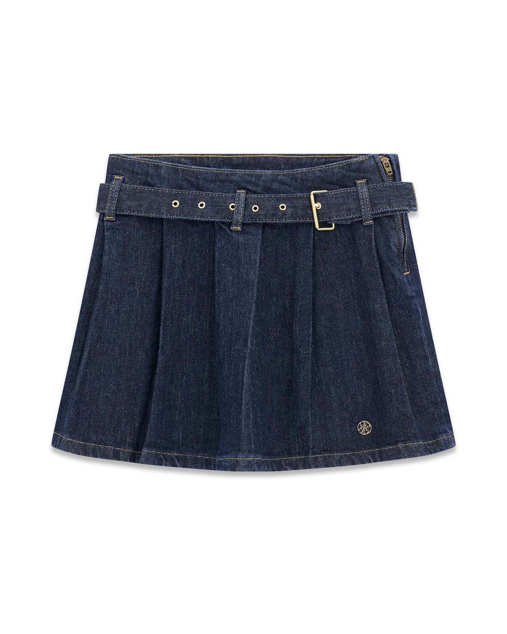Gonna Guess blu lavaggio scuro in denim misto cotone a pieghe con cintura
