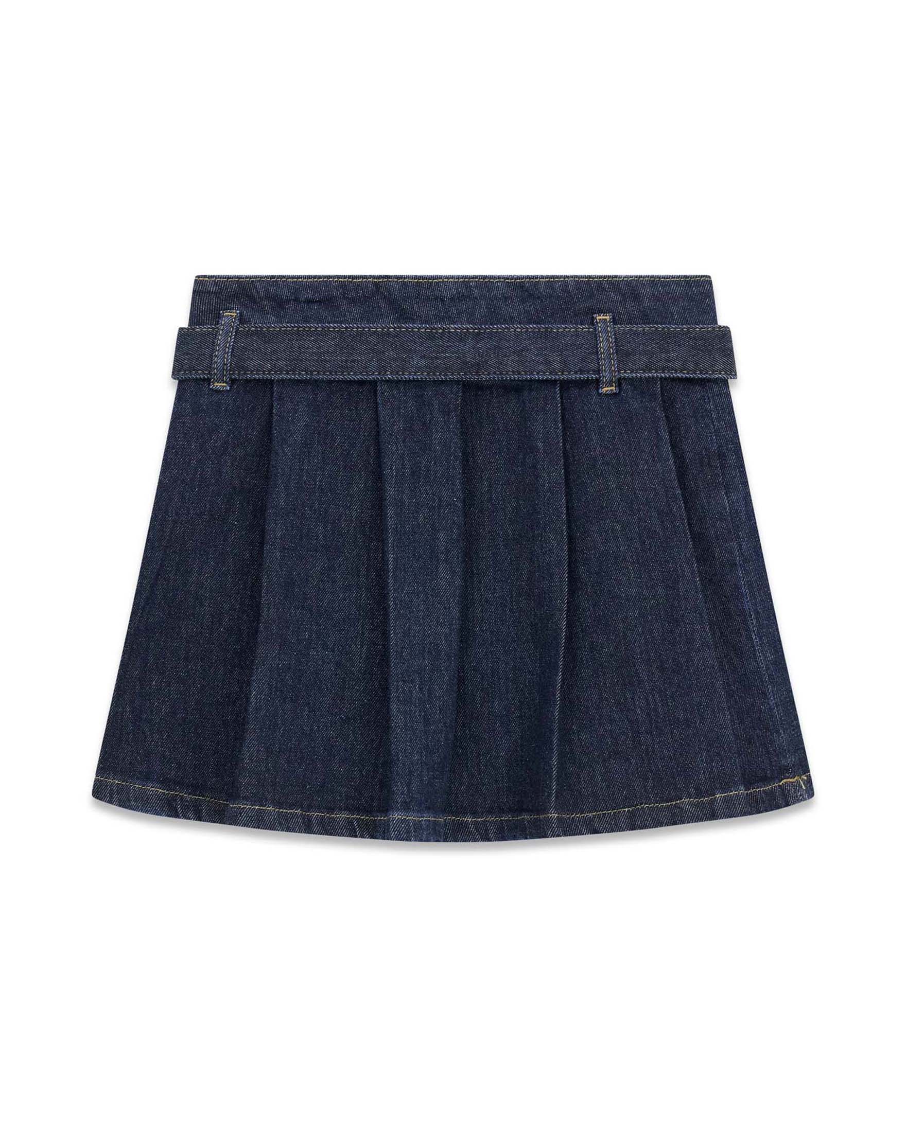 Gonna Guess blu lavaggio scuro in denim misto cotone a pieghe con cintura image