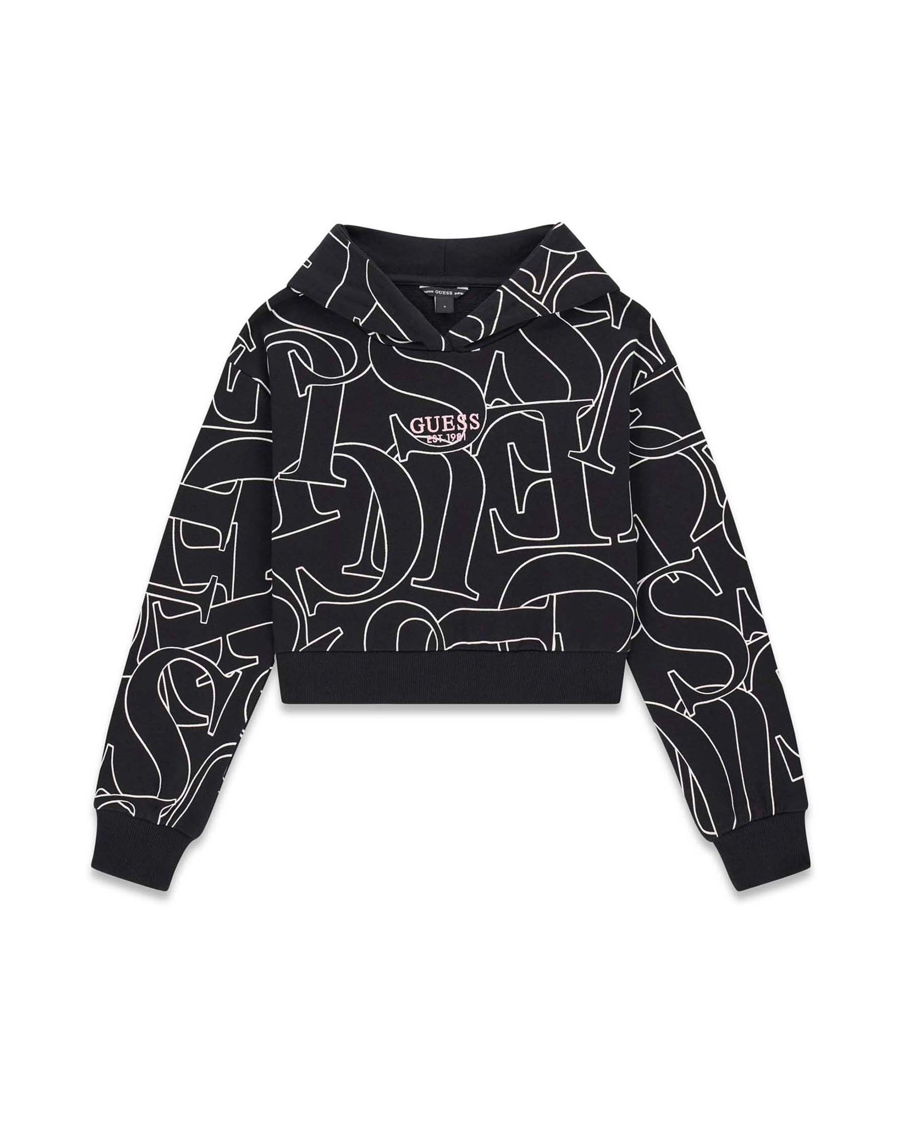 Felpa corta con cappuccio Guess nera in cotone con stampa e logo ricamato