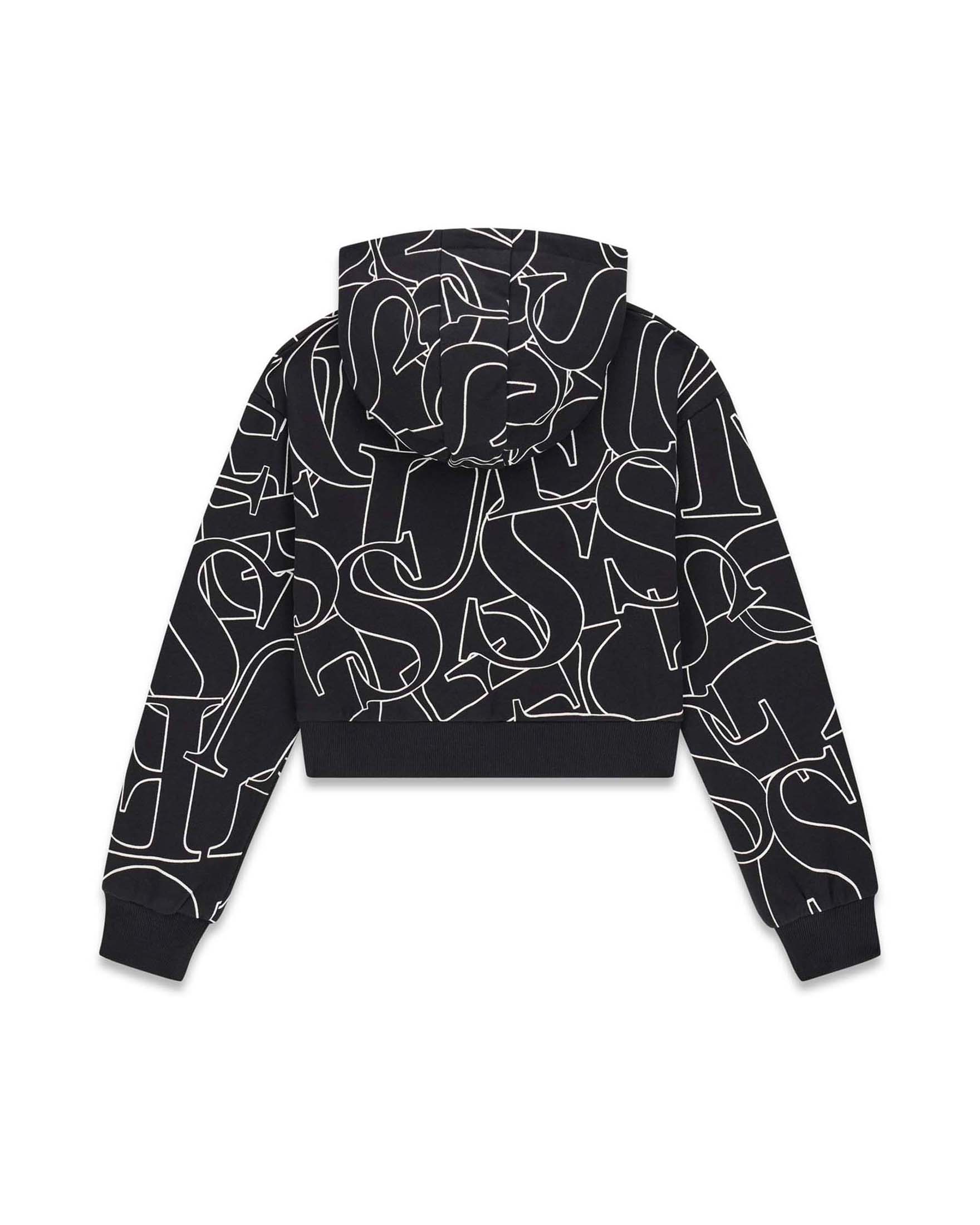 Felpa corta con cappuccio Guess nera in cotone con stampa e logo ricamato image