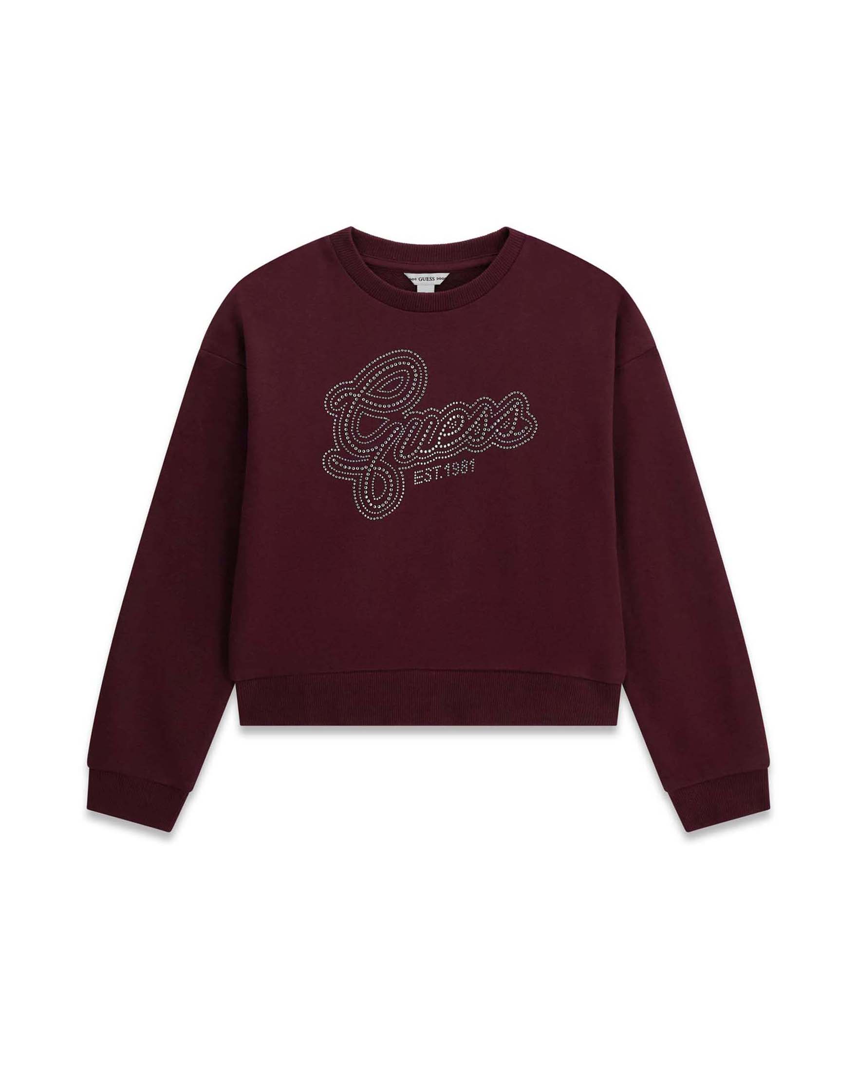 Felpa girocollo Guess bordeaux in cotone con logo in strass