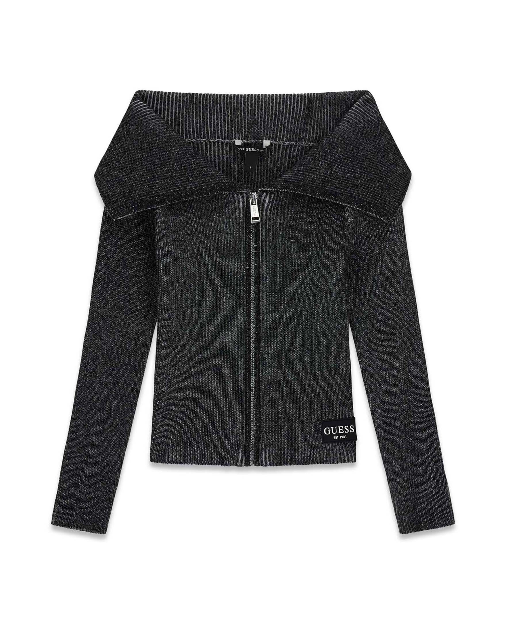 Cardigan Guess nero in cotone a costine con collo alto e chiusura a zip