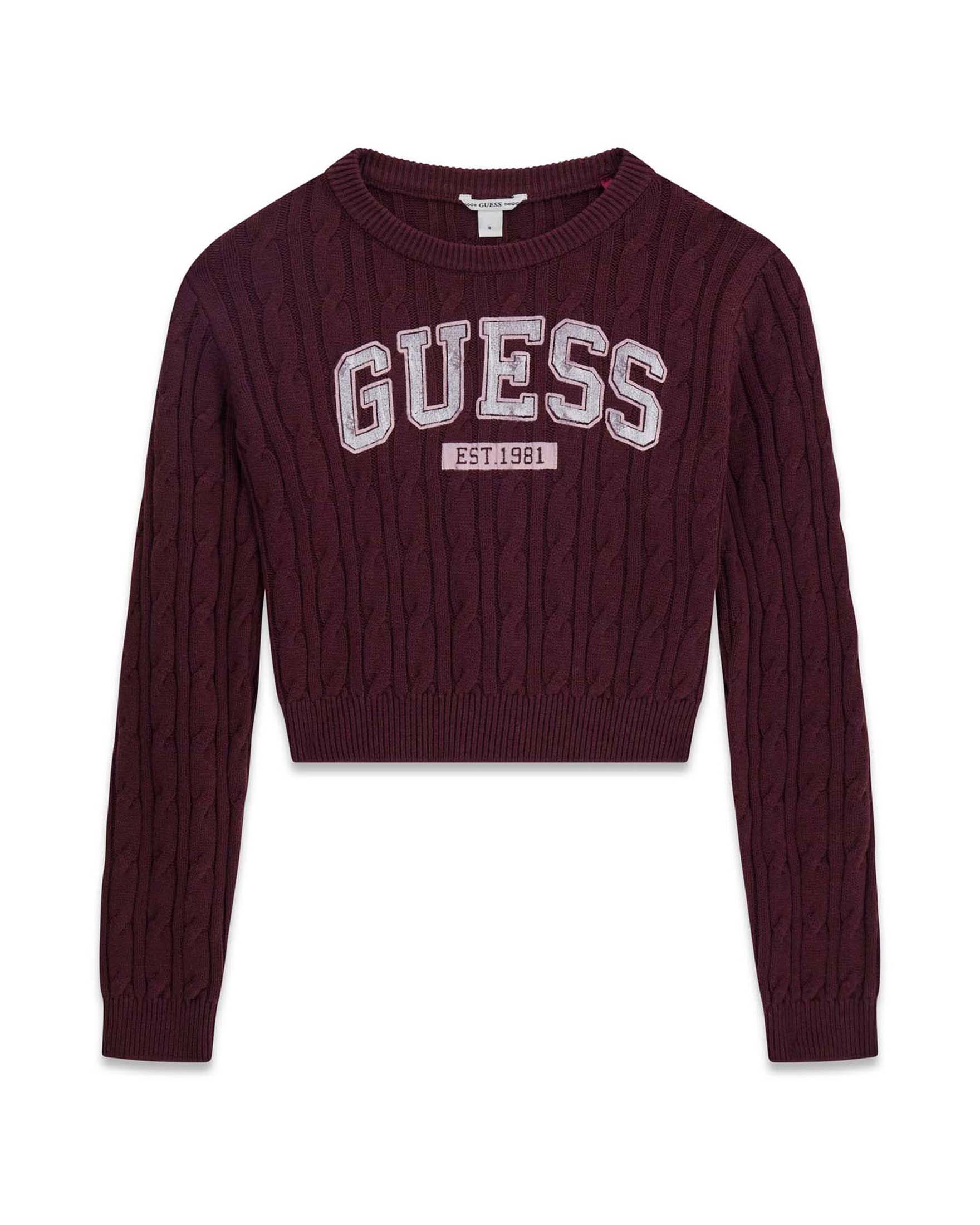 Maglia corta Guess bordeaux in misto cotone a trecce con patch logo
