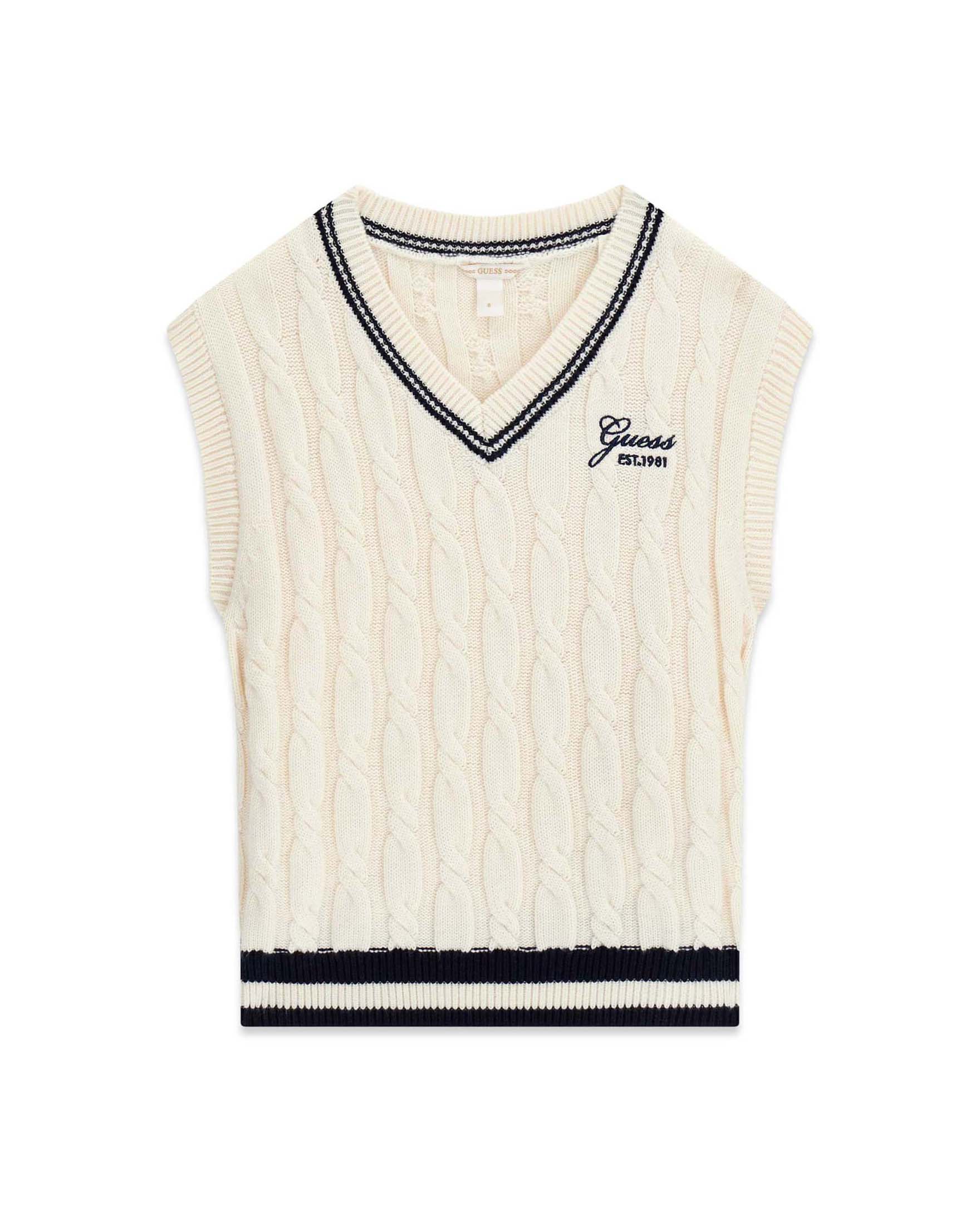 Gilet Guess panna in misto cotone a trecce con logo ricamato