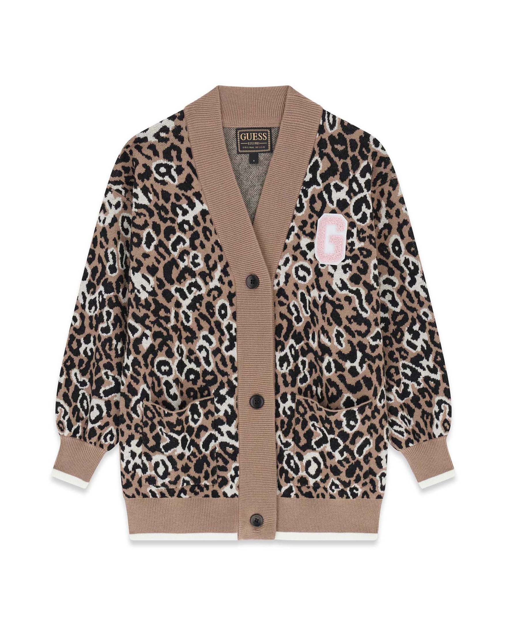 Cardigan Guess leopardato in misto poliammide con toppa ricamata