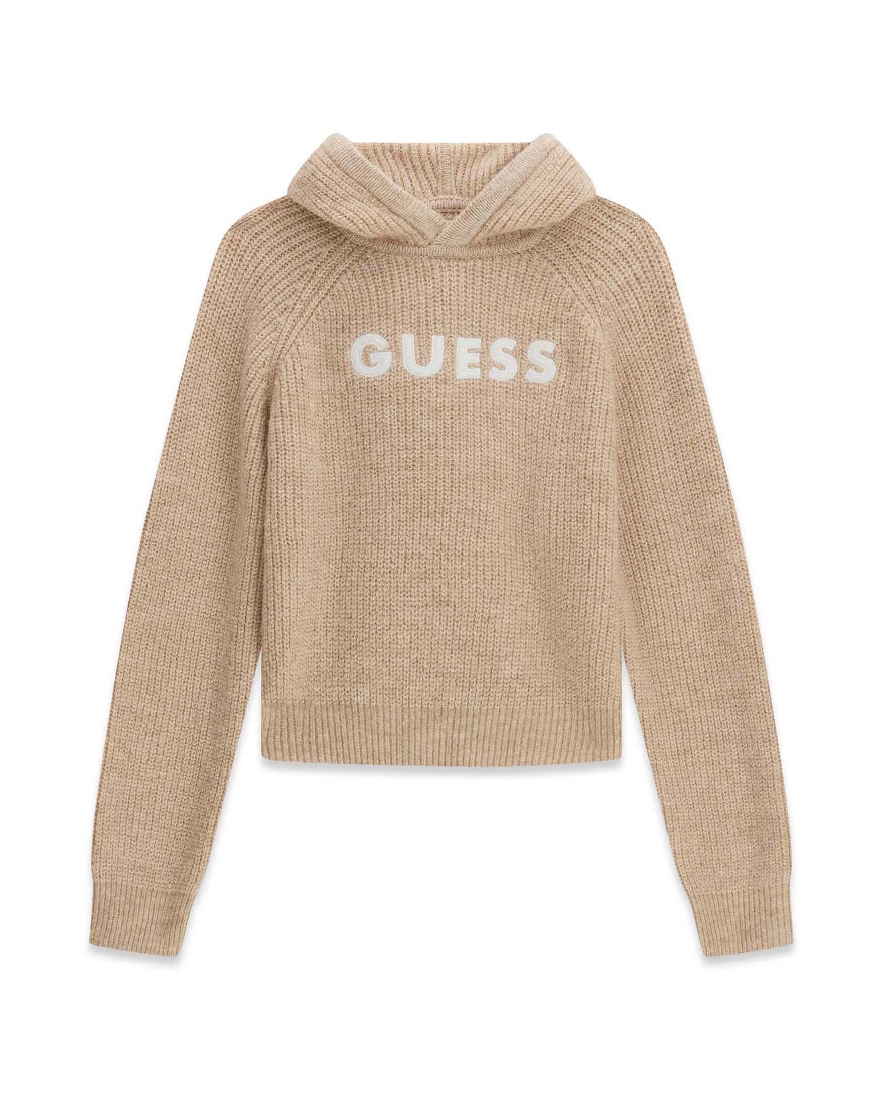 Maglia con cappuccio Guess beige in misto acrilico con logo ricamato
