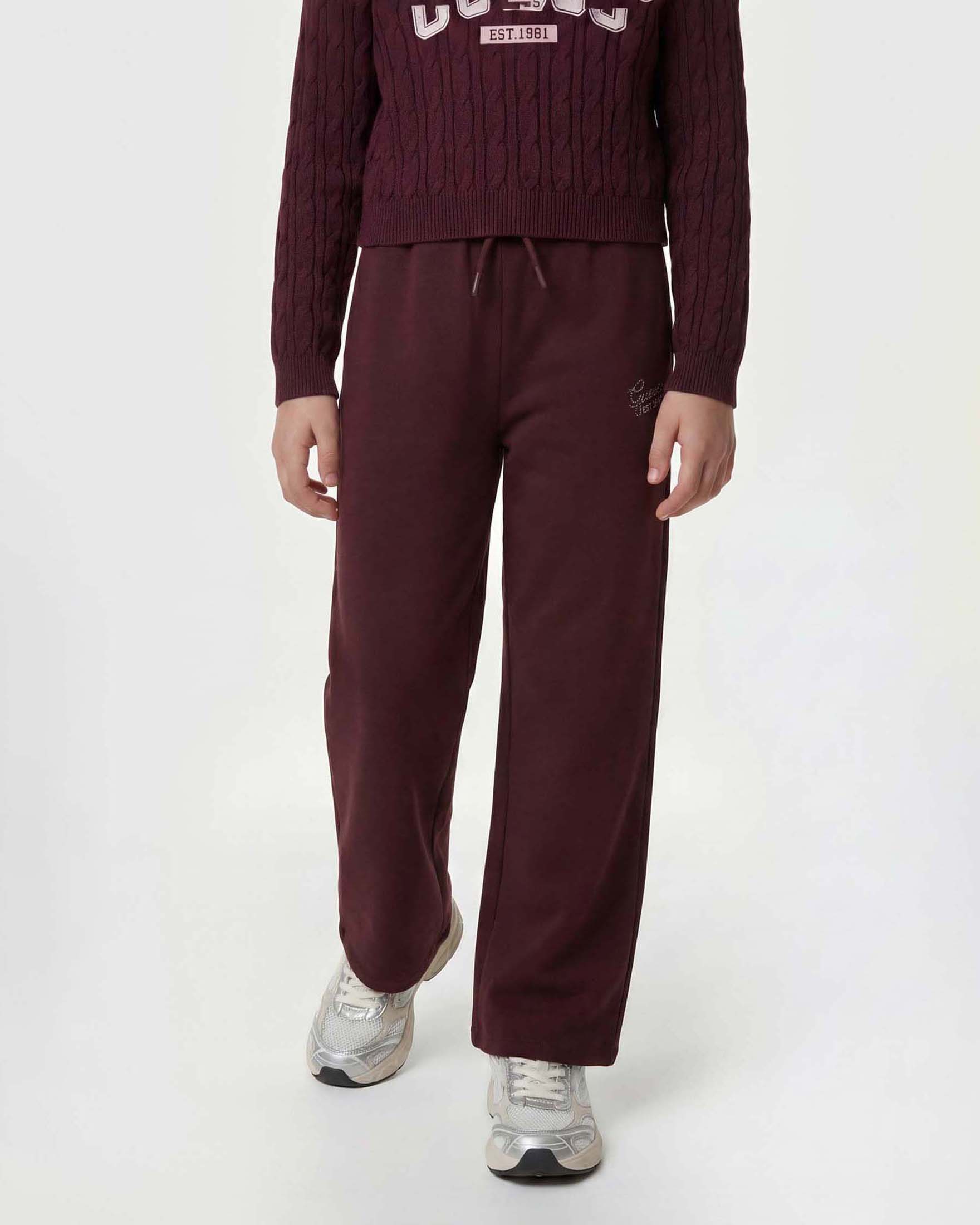 Pantaloni palazzo Guess bordeaux in cotone con logo in strass
