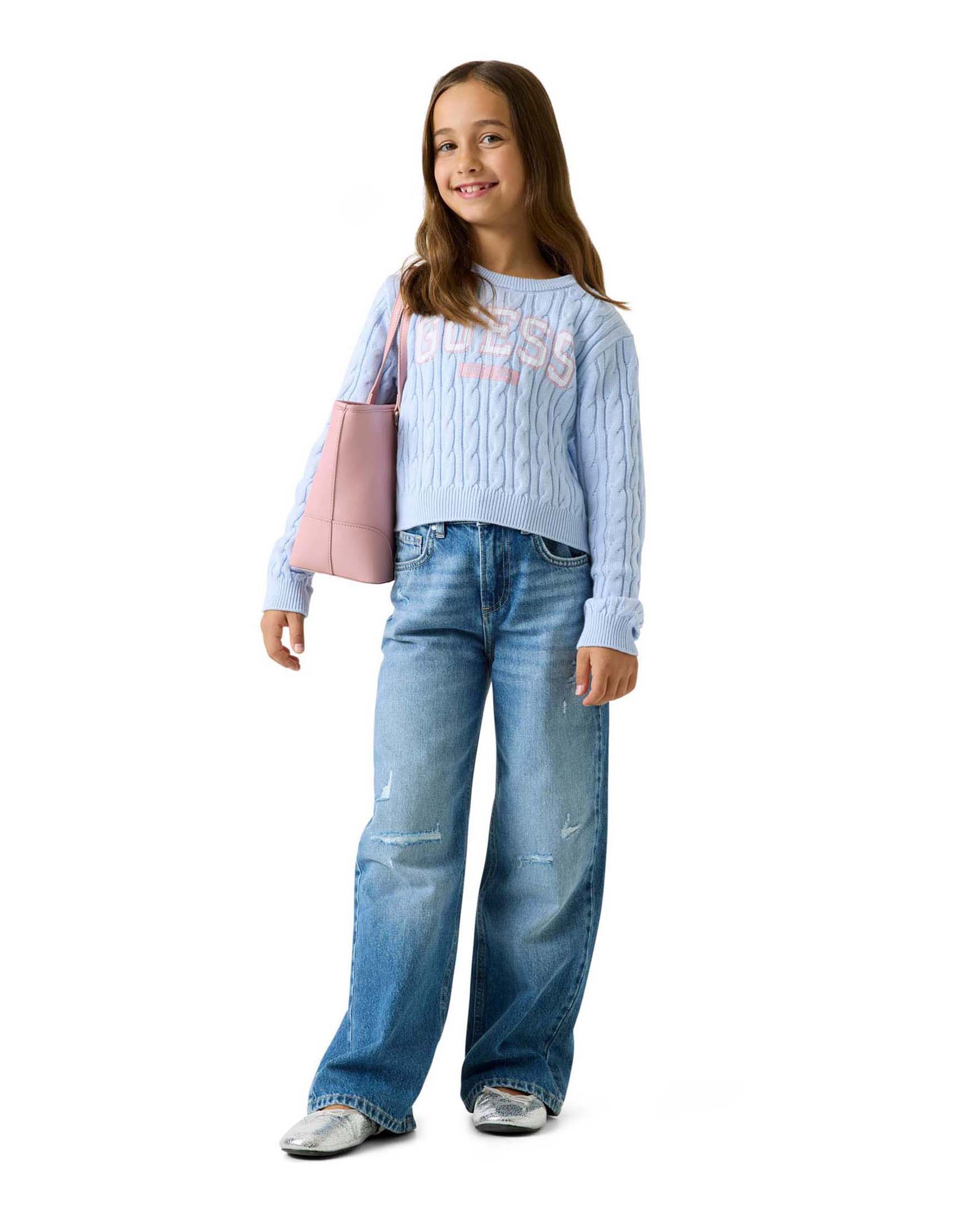 Jeans wide leg Guess lavaggio medio in cotone con logo di strass