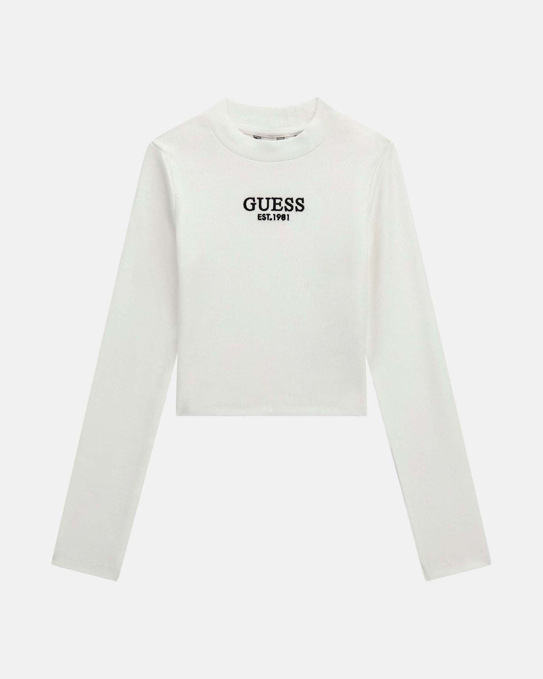 T-shirt crop Guess bianca in misto cotone a coste con logo ricamato