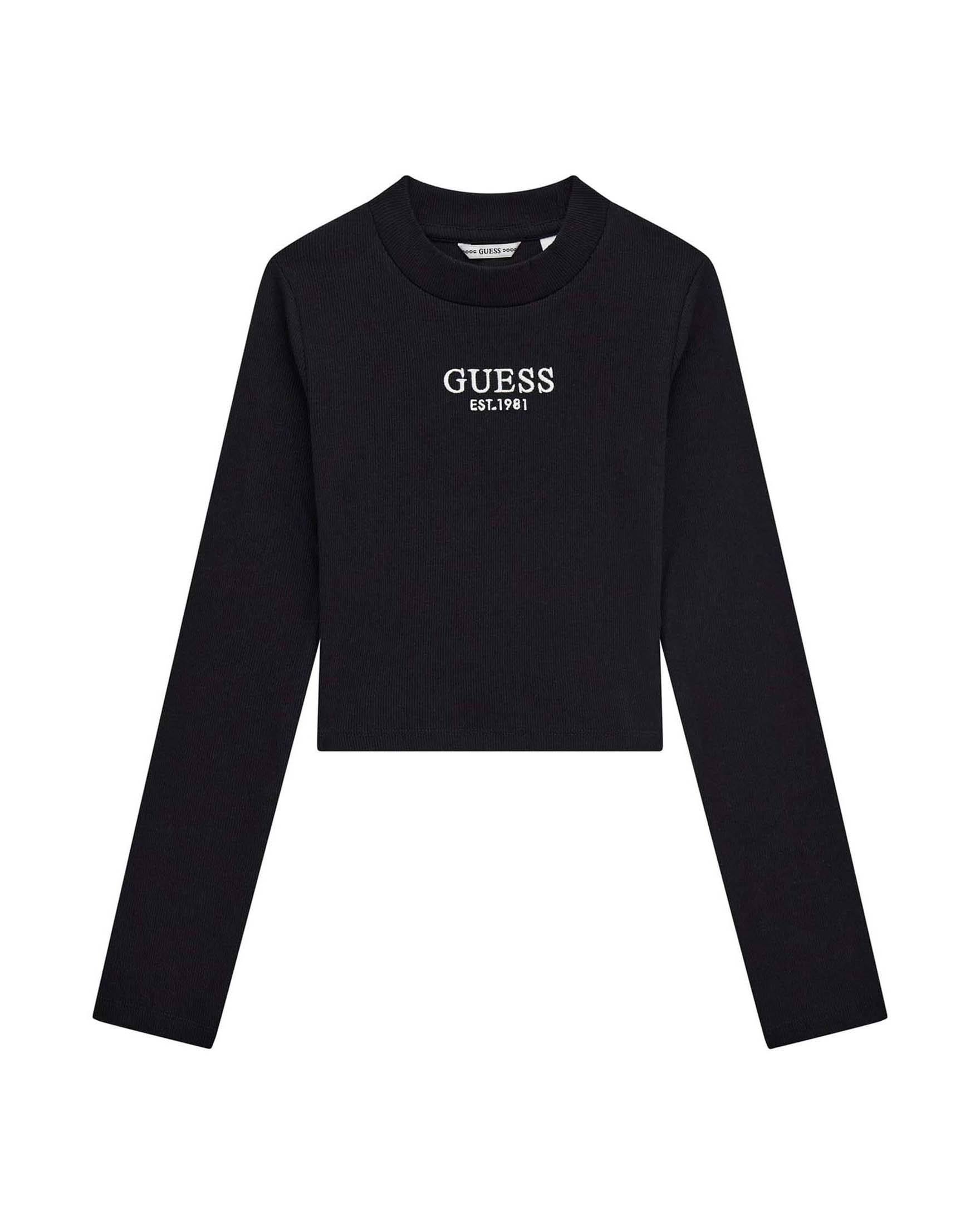 T-shirt crop Guess nera in misto cotone a coste con logo ricamato