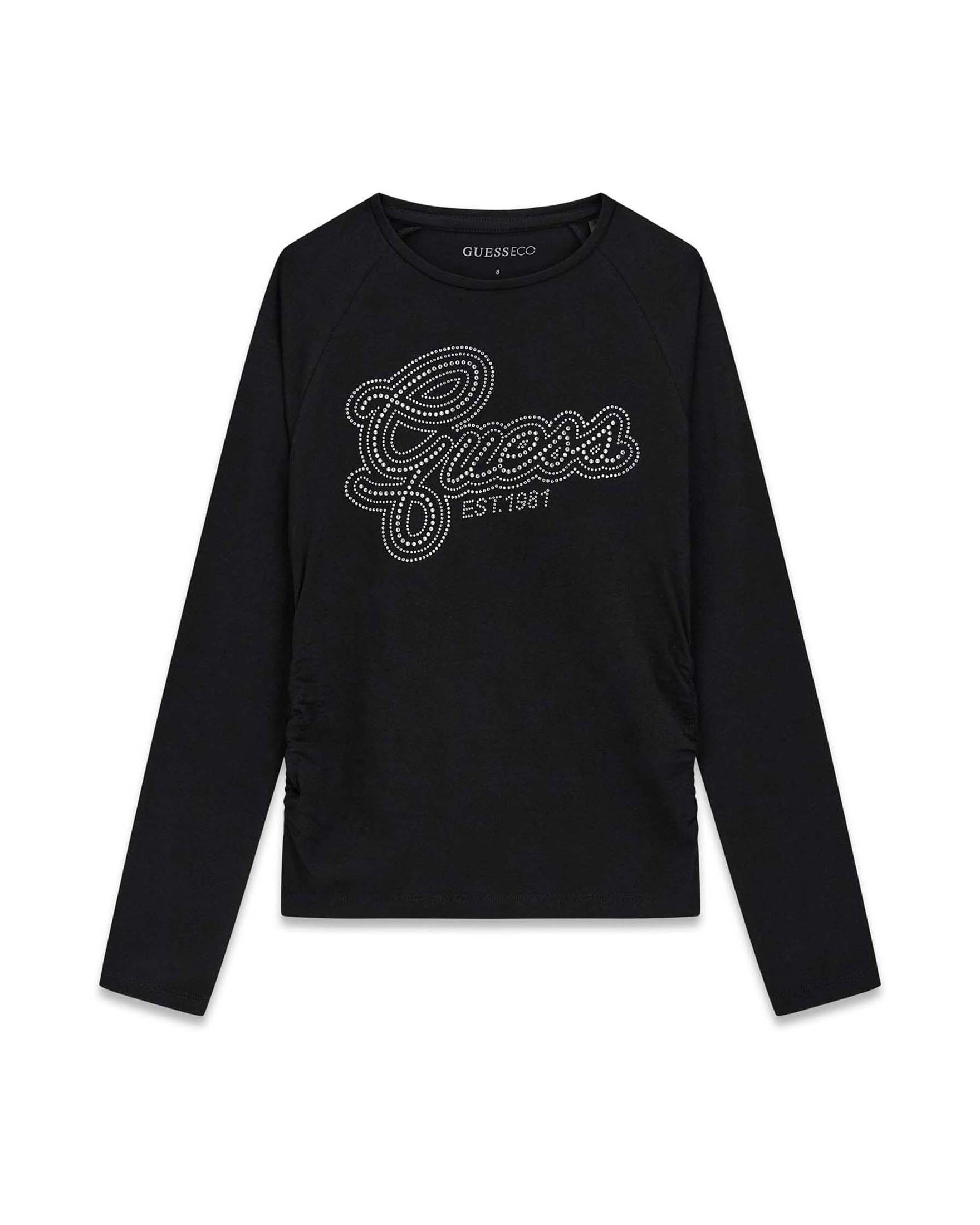 T-shirt a maniche lunghe Guess nera in misto cotone con logo in strass