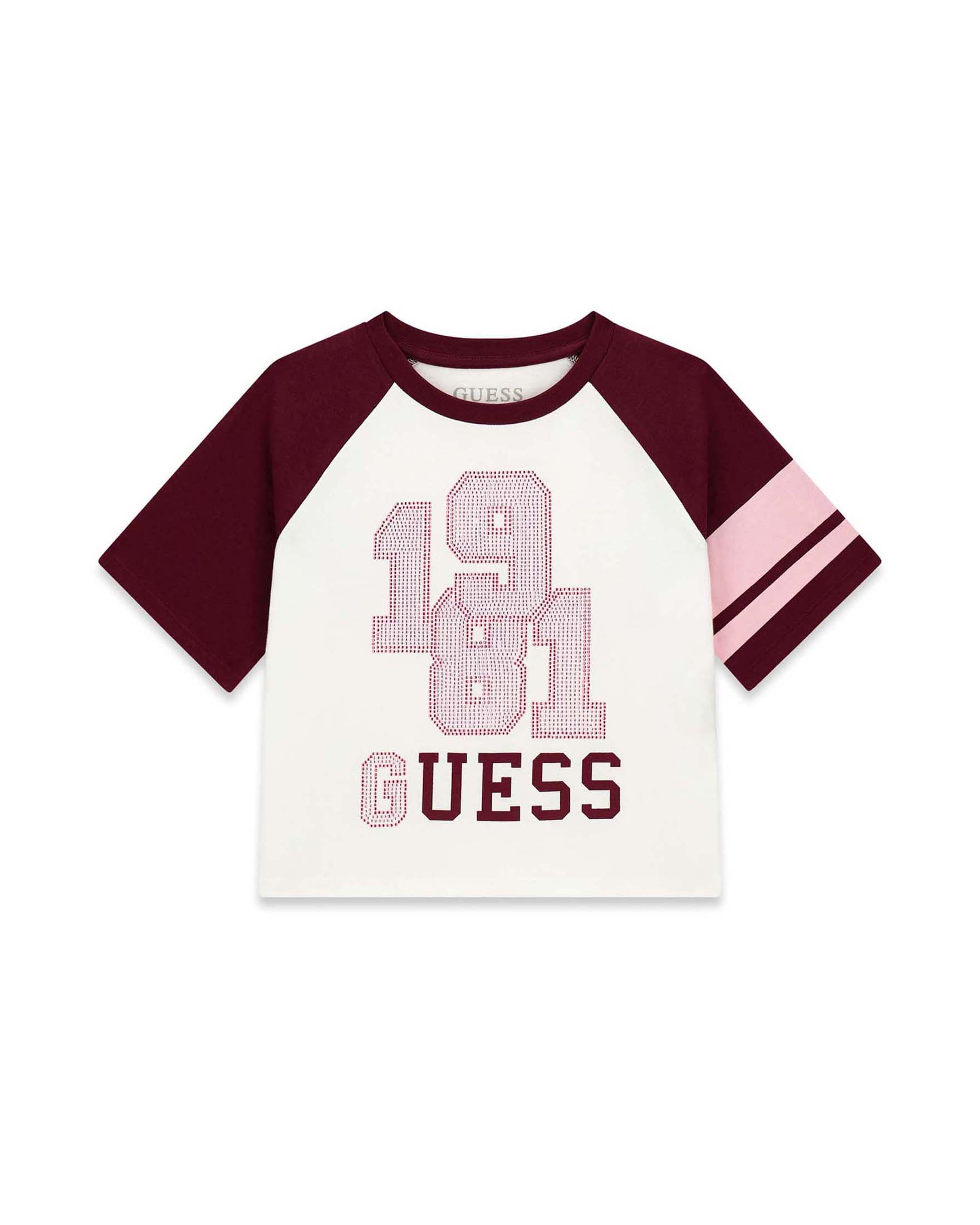 T-shirt mezza manica Guess bianca in cotone con stampa e logo in strass