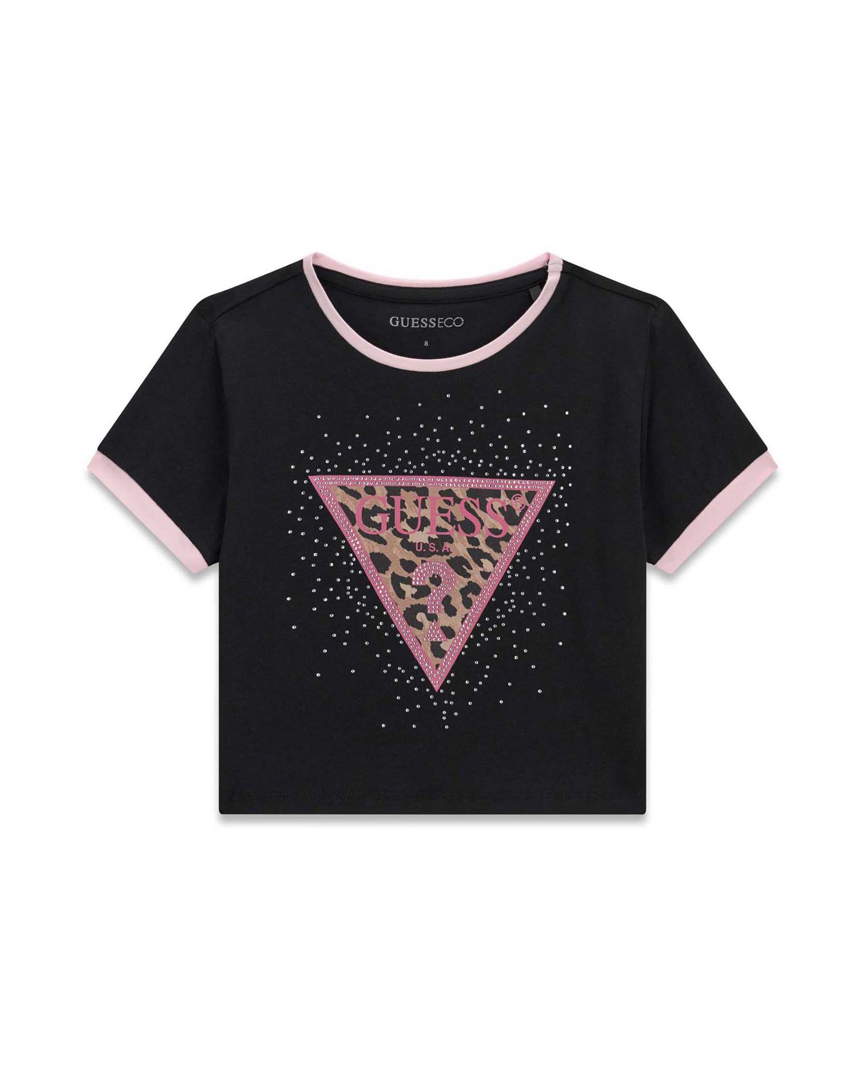 T-shirt corta Guess nera in misto cotone con stampa logo e strass
