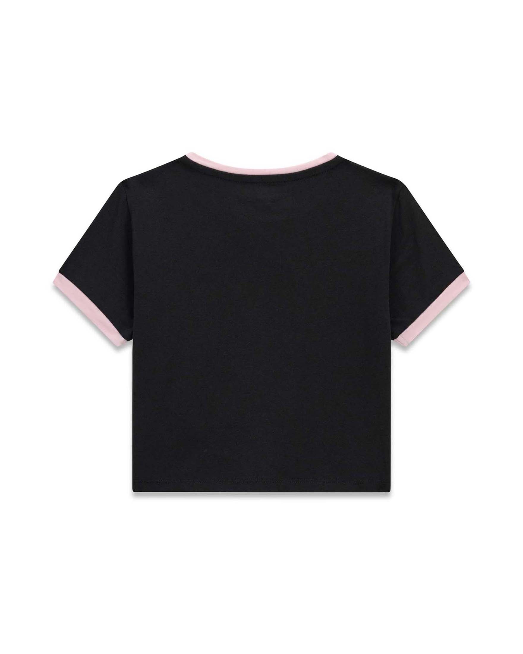 T-shirt corta Guess nera in misto cotone con stampa logo e strass image