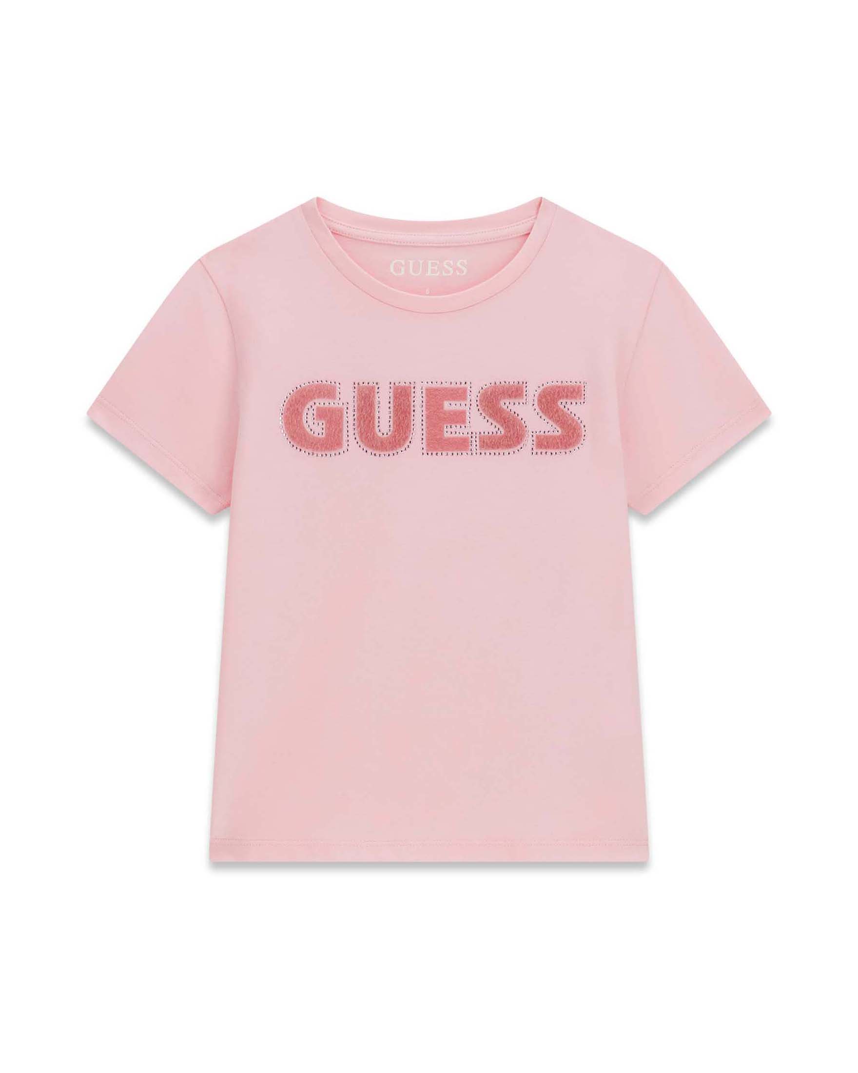 T-shirt mezza manica Guess rosa in misto cotone con logo in strass